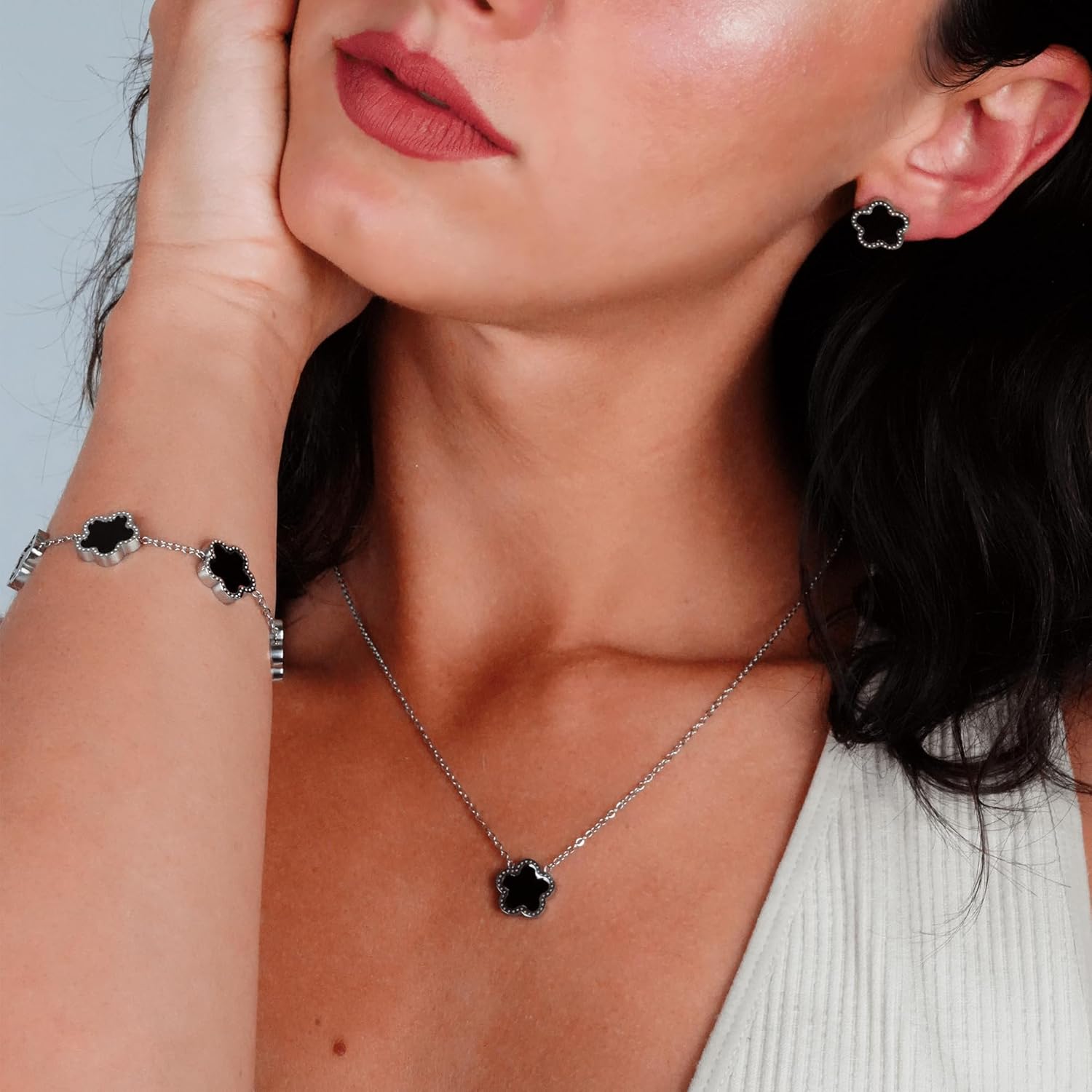 Five Leaf Clover Jewelry Set for Women | 18K Gold Plated Bracelet Necklace Earrings | 5 Leaf Lucky Pendant and Ear Studs for Her - Image 4