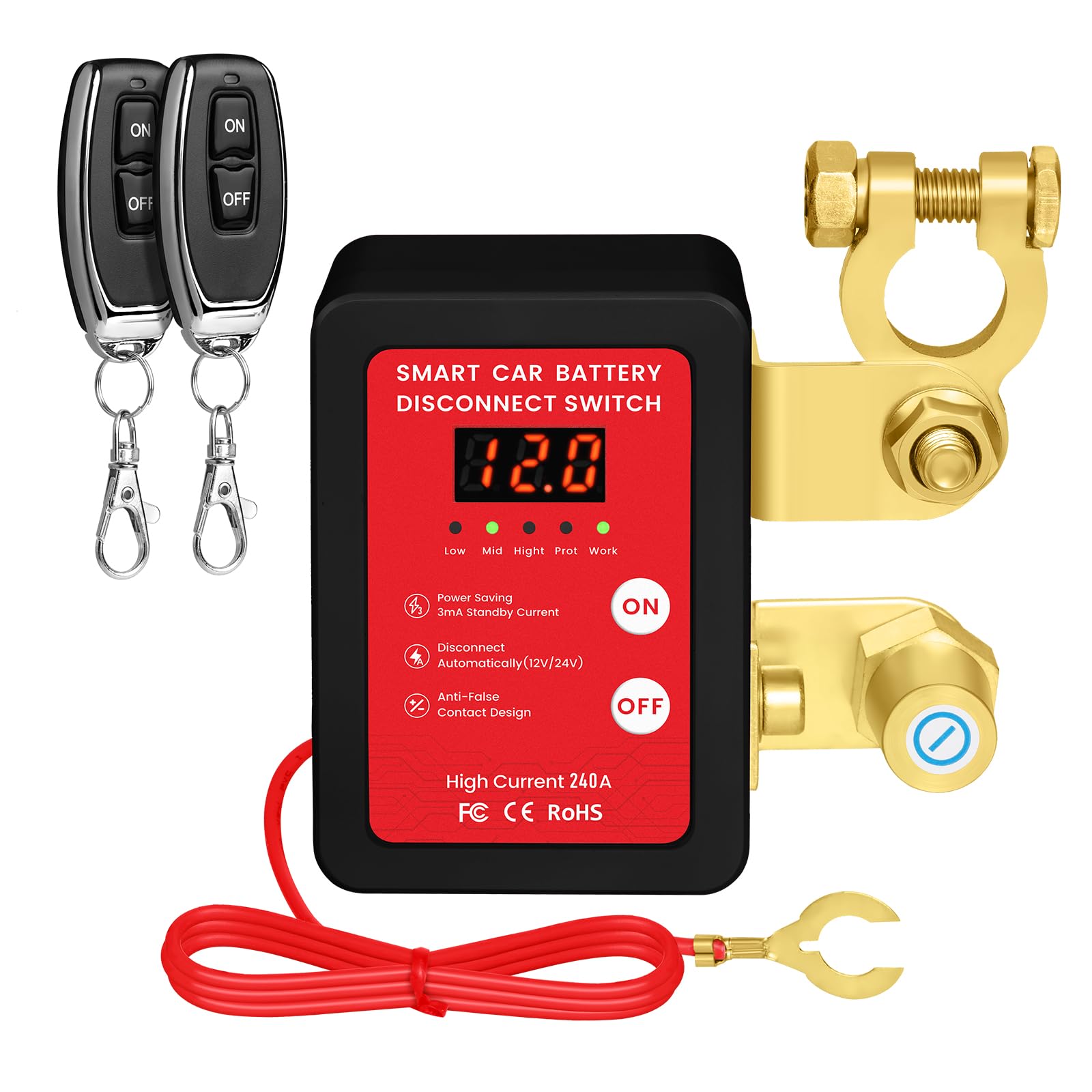 Lizekm Kill Switch for Car - Remote Battery Disconnect Switch 12v, 240A, Upgrade Smart Voltage with LED Screen, Anti-Theft, Prevent Battery Drain