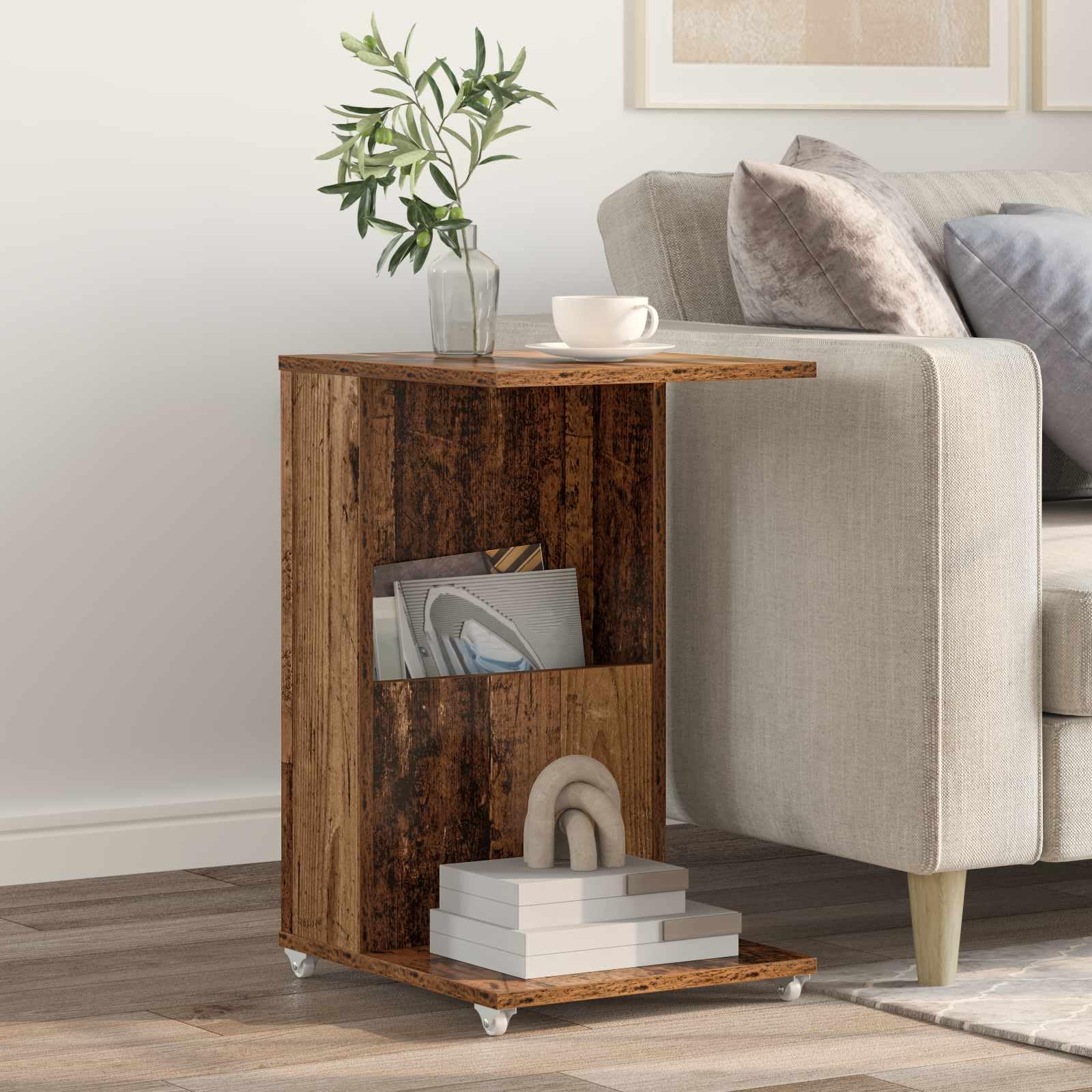 Mesa auxiliar con rueda de madera recuperada, 40 x 35 x 60 cm, mesa de centro móvil y mesita de noche con estante para salón, dormitorio, sofá y balcón, ahorra espacio y versátil