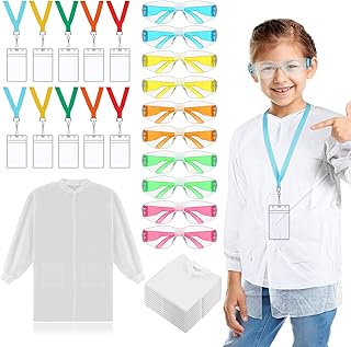 30 Pcs Science Party Kits for Kids Includes 10 Pcs Kids Safety Goggles 10 Pcs Disposable Kids Lab Coat 10 Pcs Science Badge for Kids Science Party Kids Science Goggles Science Coat