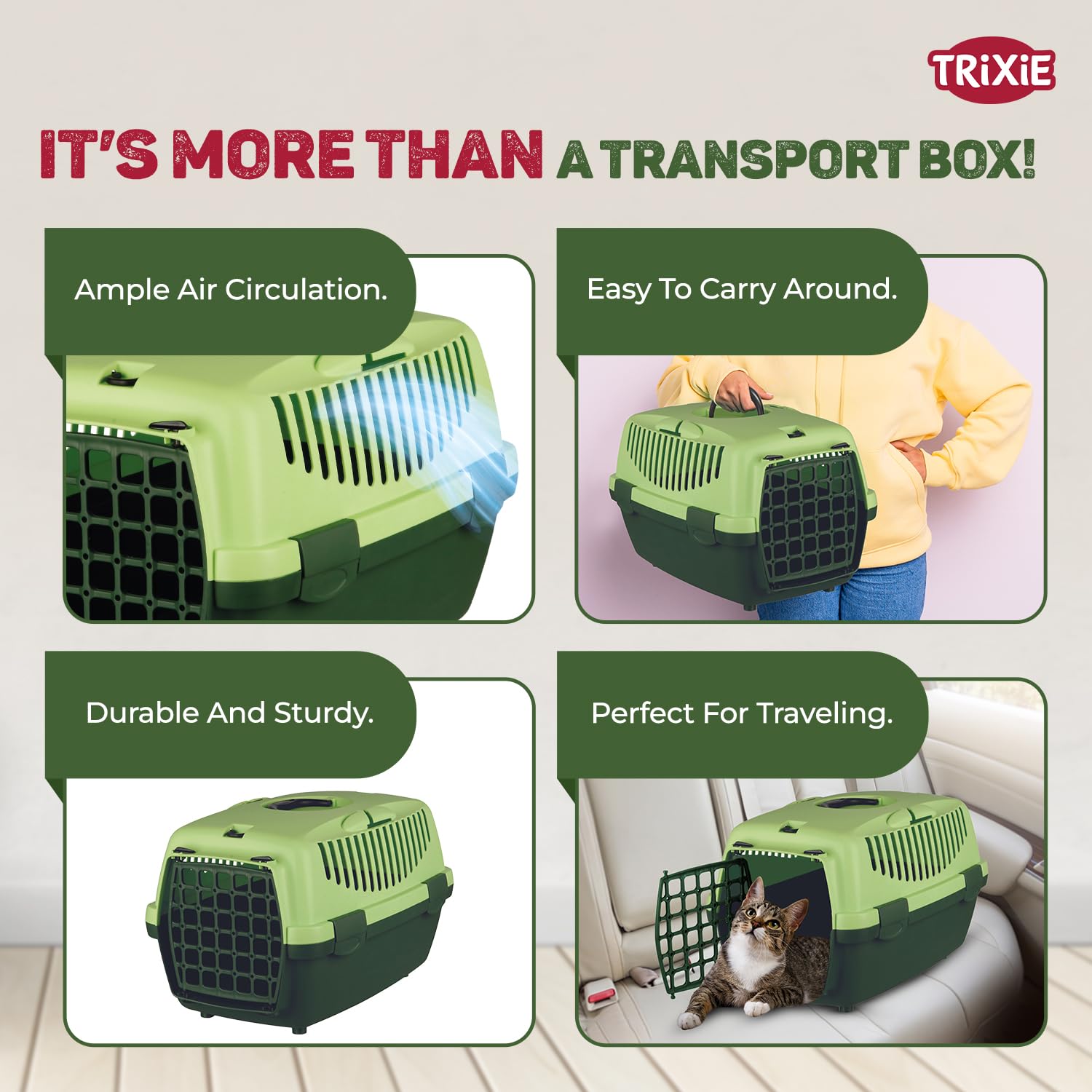 Trixie: - Capri 1 Pet Carrier | Made with Biodegradable Plastic, Perfect for Cats, Dogs, Rabbits and Other Small Animals | Can Hold Upto 6 Kg - 19 x 13 x 12 inch, Apple Green 2