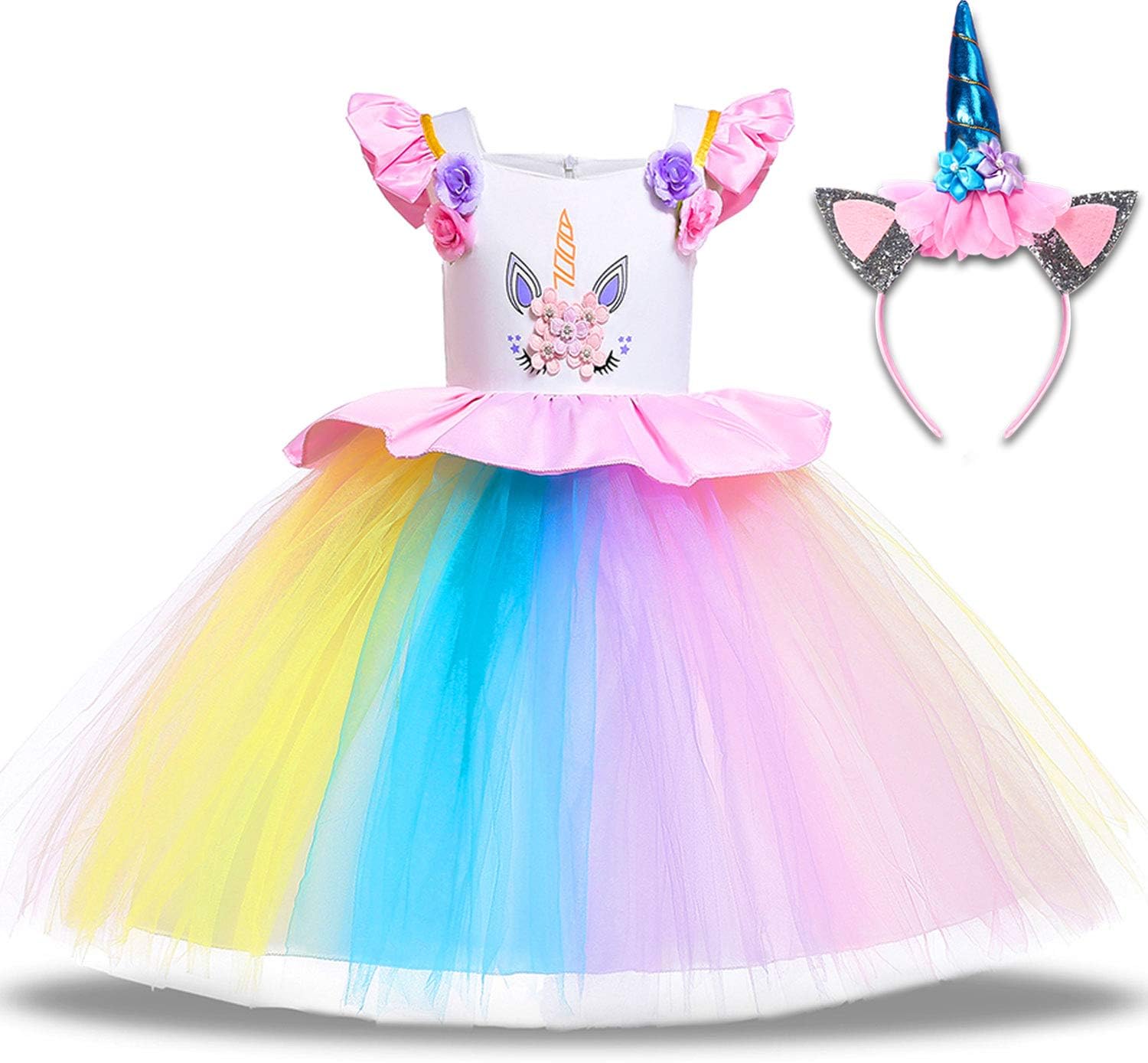 1-8 Years Toddler Girls Unicorn Dress Birthday Party Rainbow Tulle Unicorn Princess Tutu Dress with Unicorn Headband
