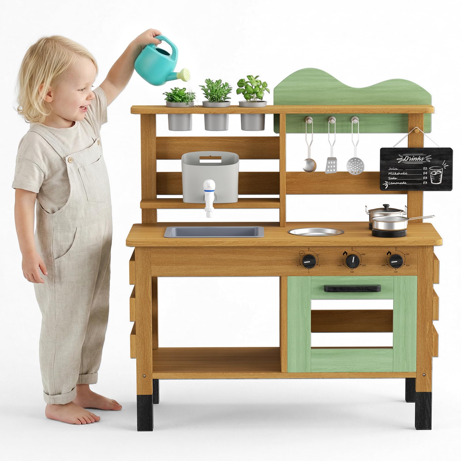 Mud Kitchen for Kids, Wooden Outdoor Play Kitchen with Real Faucet, Garden Toy Kitchen with Stainless Steel Cookware, Planting Pots & Watering Can, Sensory Learning Toy for Boys Girls Age 3-8