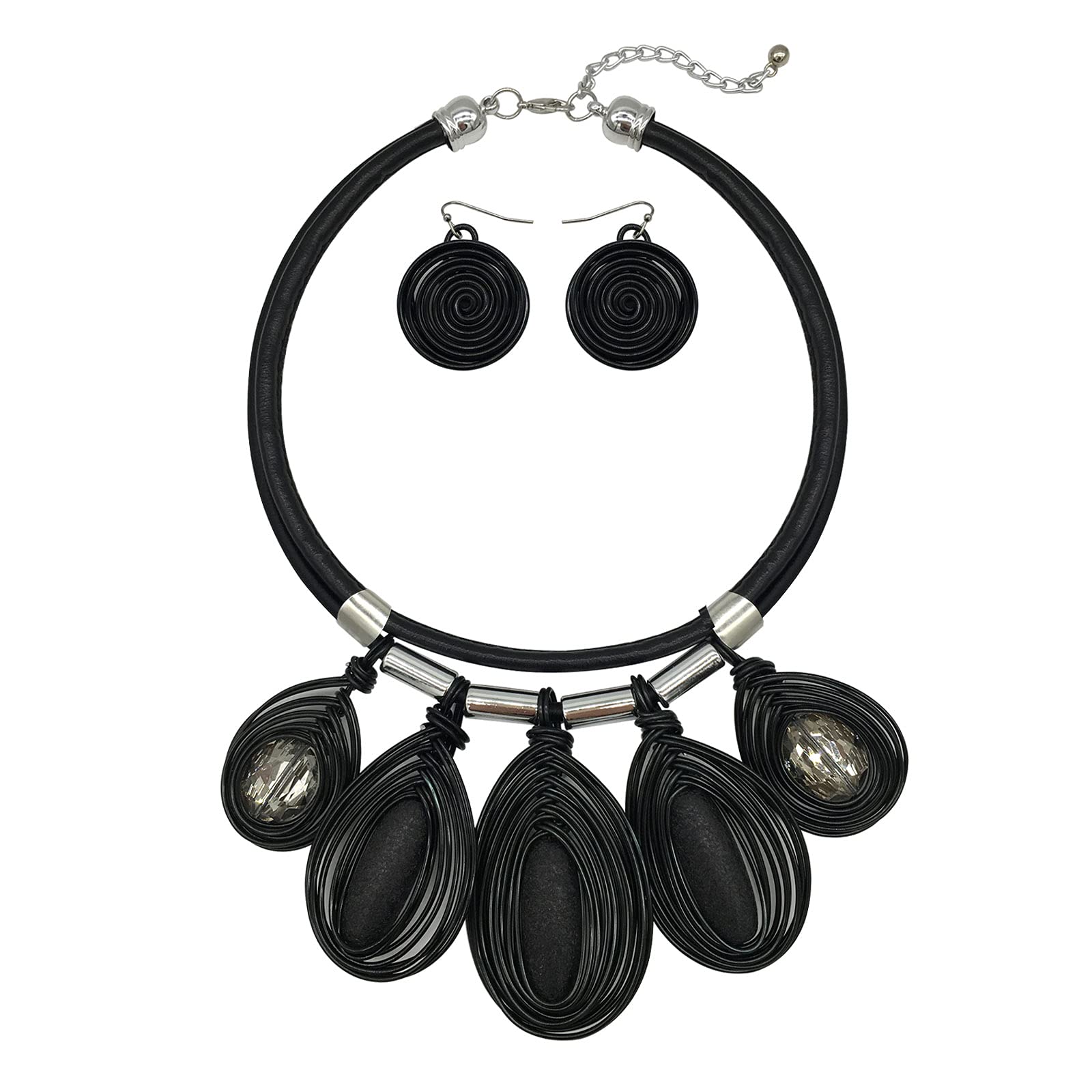 JHWZAIY Chunky African Jewelry Statement Necklace For Women Tribal Fashion Costume Earring Set Unique Rhinestone Crystal Gold Wire Wrapped Big Wood