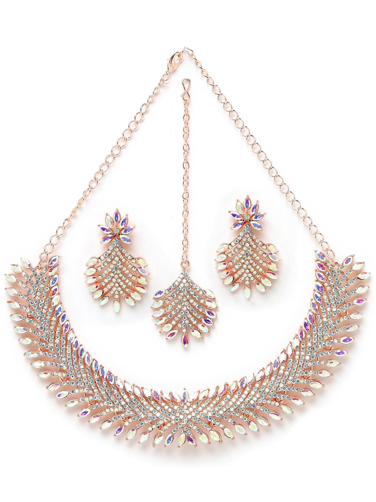 Sukkhi Graceful Rose Gold Plated Rainbow Collar Bone Necklace Set With Earring And Maangtika | Jewellery Set For Women (NS105639) (B0CBBCNSNG) Amazon Price History, Amazon Price Tracker