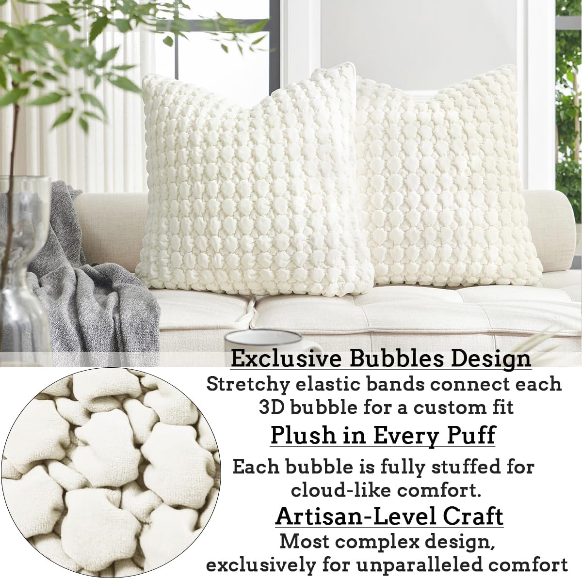 Pillow Cover 24x24 1 Piece Velvet Euro Sham Decorative Farmhouse Pillowcase Boho Square Cushion Covers Soft Bubble Texture for Couch Sofa Bed Bedroom Car Living Room，Cream