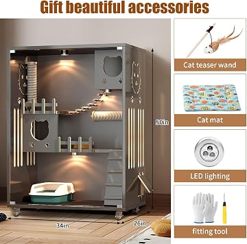 Wooden Large Cat Cage, Indoor/Outdoor Cat Enclosure Large Space with Wheels, Multi-Feature Enclosed Cat Condo for Indoor Cats Ventilation Glass Doors,50 X 36 X 24