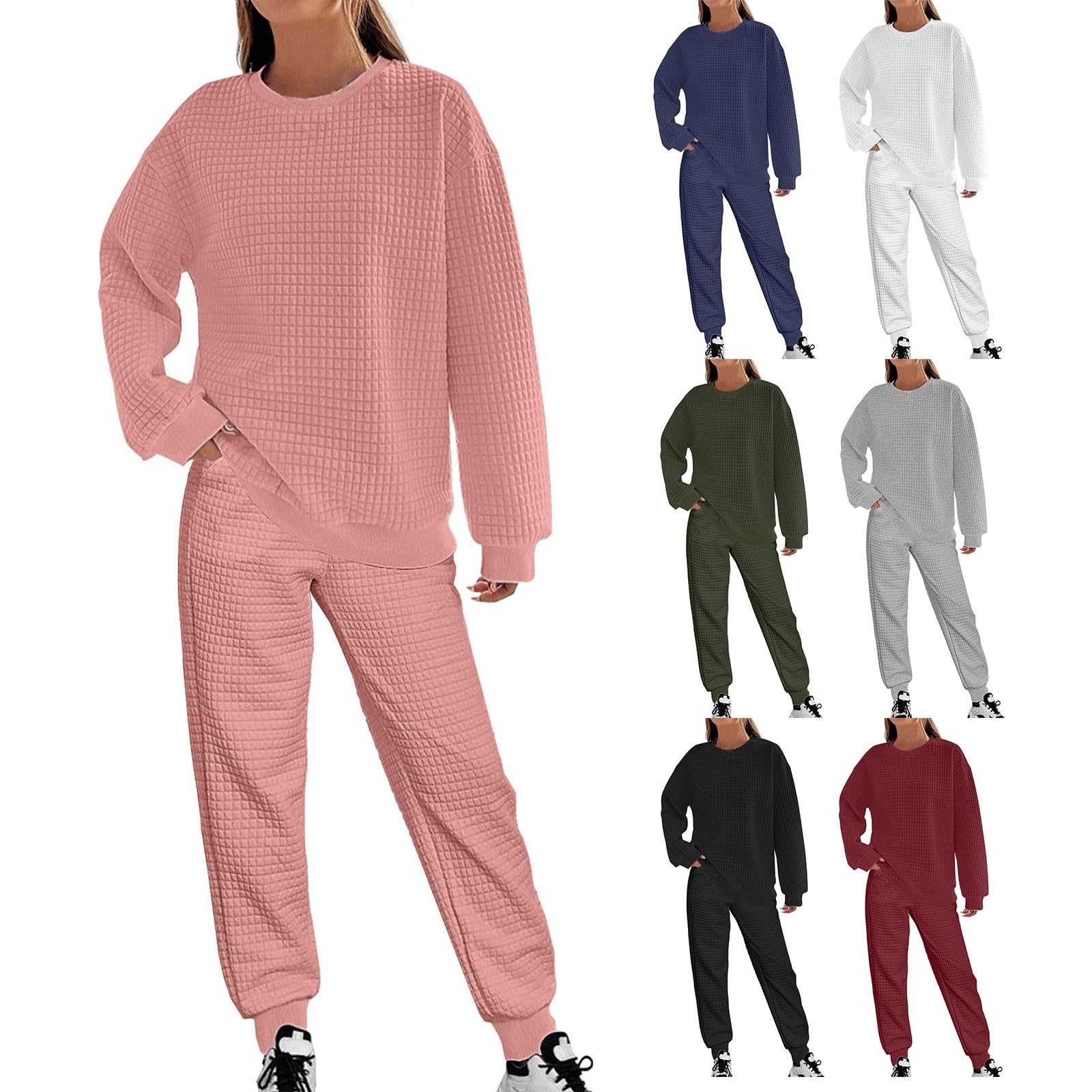 Ensemble de pyjama 2 pièces à carreaux pour femme | Haut à manches longues et col rond et pantalon de pyjama douillet uni élastique