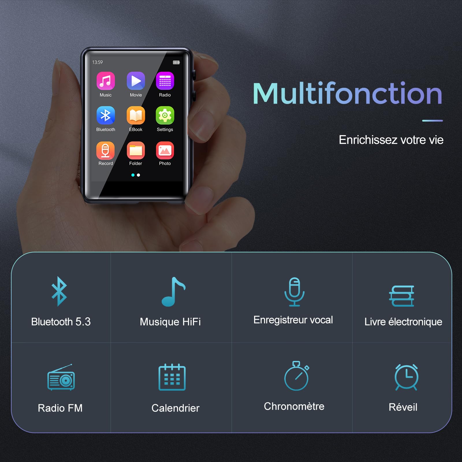 64Go Lecteur MP3 avec Bluetooth 5.3, Lecteur Audio sans Perte HiFi avec Haut-Parleur, 2.4 in Ecran Tactile Complet, Radio FM, Line-in enregistreur Vocal, E-Book, Prise en Charge jusqu'à 128 Go