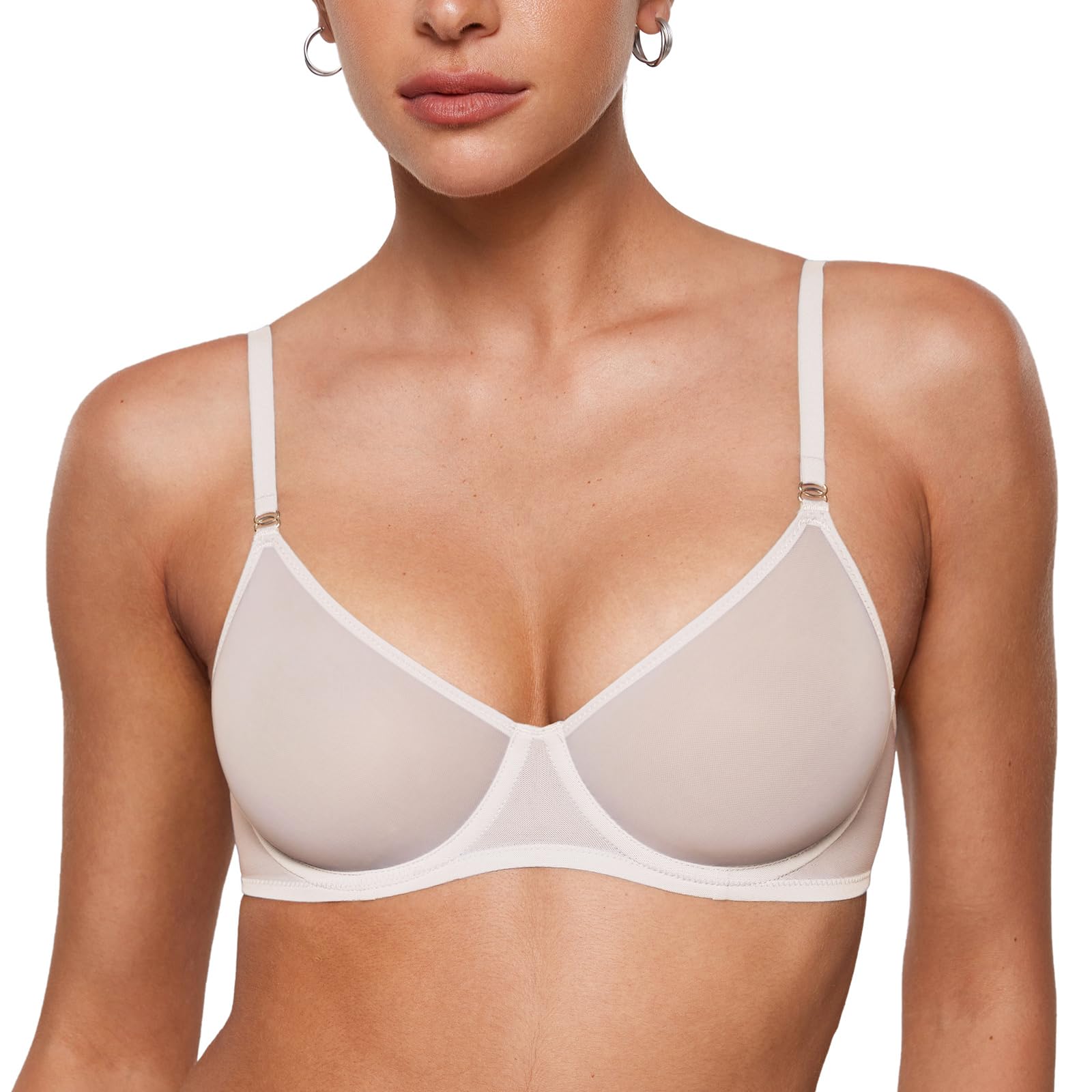 Inlyric Women's Coconut White Sheer Demi Balconette Bra - Sexy Mesh Unlined Underwire See Through Demi Bras 34C