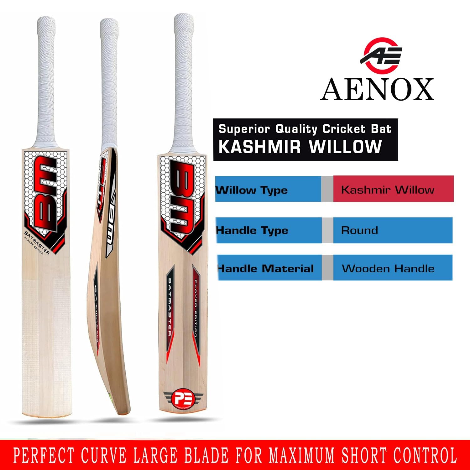 AENOX Special Grand Edition Bat Master Kashmir Willow Cricket Bat Suitable for Soft Tennis Ball Extra Sturdy Grip | Ready to Play | Extra Protective Fishing Tape | Red|| (6)