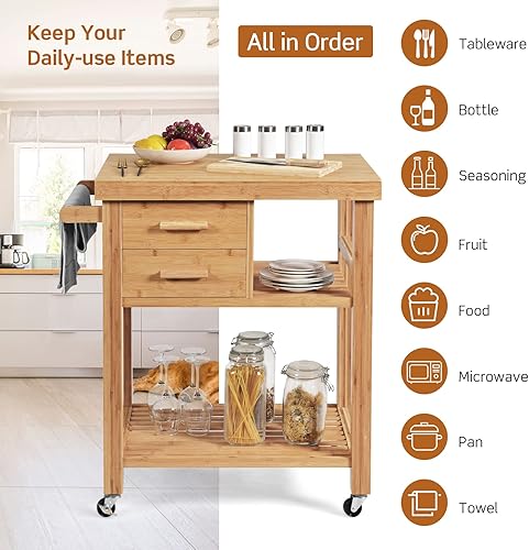 Miniatura 6 de PETSITE Carrito de isla de cocina de bambú, mesa de bloque de carnicero sobre ruedas con cajones, estantes, toallero