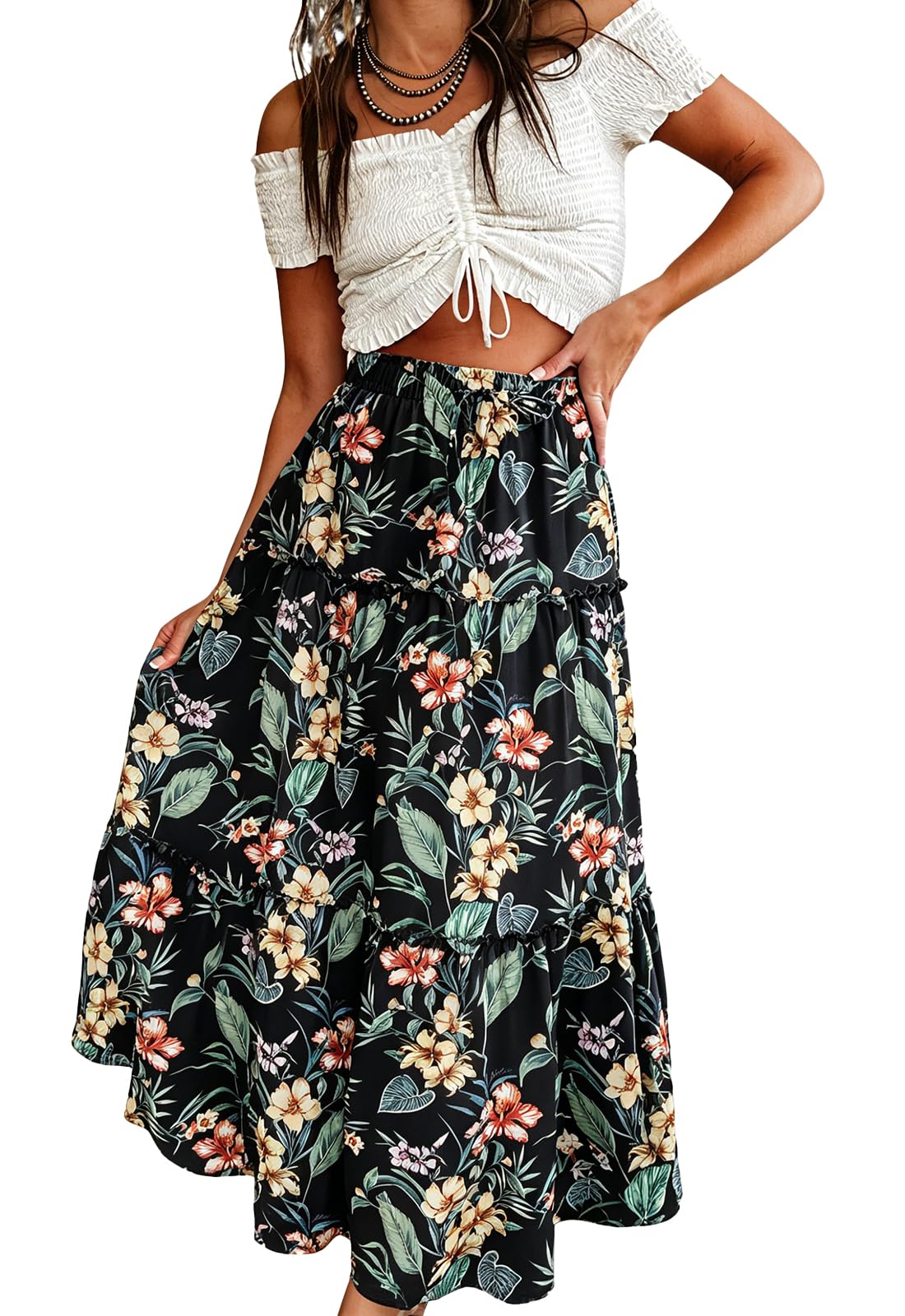HERBATOMIA Women's Tiered Maxi Skirt Floral Print Flowy High