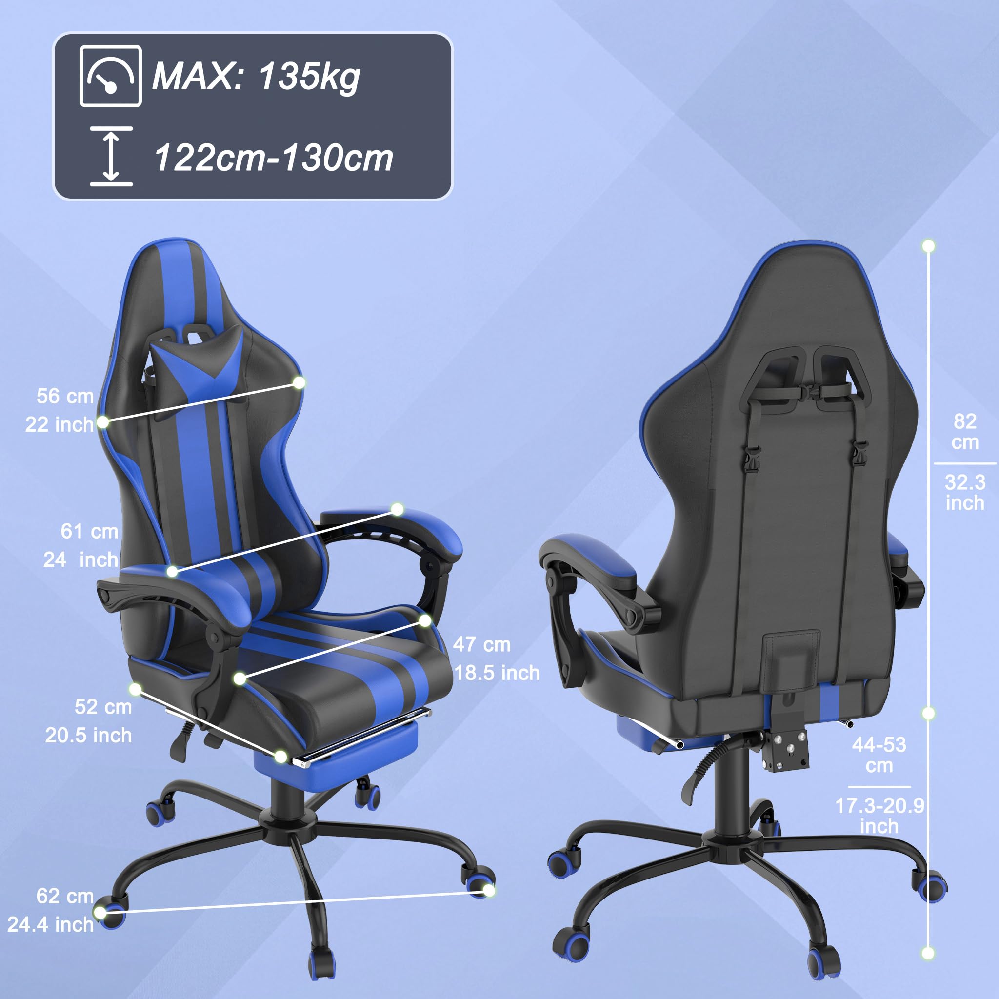 YRHome Gaming Stuhl Mit Massage & Fußstütze – Höhenverstellbar, Samtstoff, Bis 135 Kg