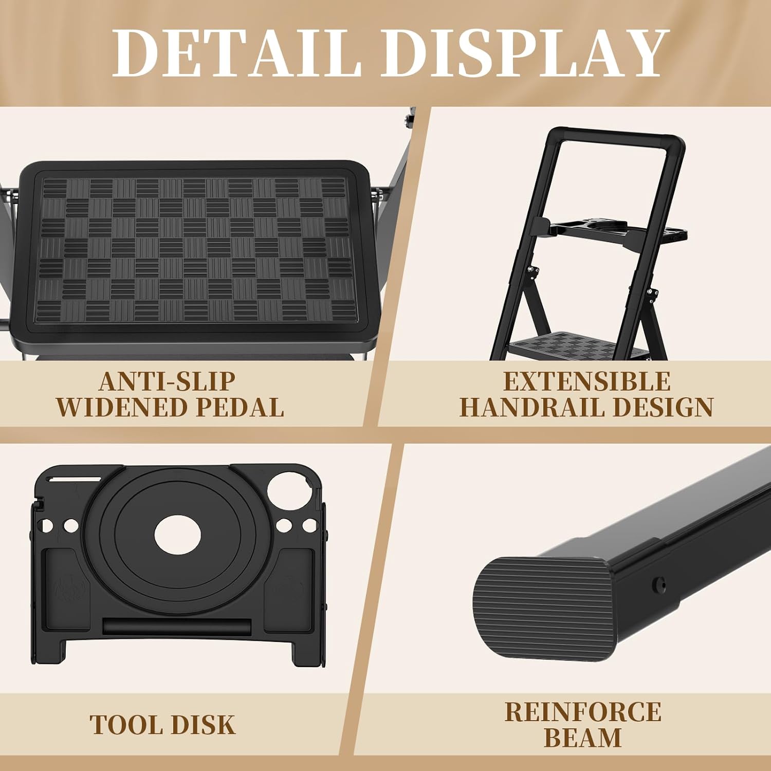 HBTower 5 Step Ladder, Folding Step Stool, Portable Sturdy Steel for Adults with Wide Pedals Home Outdoor Kitchen, Black