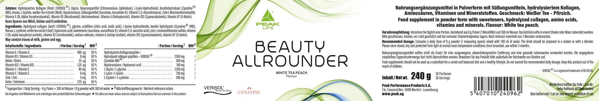 PEAK Beauty Allrounder - 240g Geschmack White Tea Peach I 30 Portionen I Haut Haare Nägel Komplex mit Kollagen (VERISOL®), Keratin (Cynatine® HNS), Hyaluronsäure und Biotin. Mit Vitaminen.