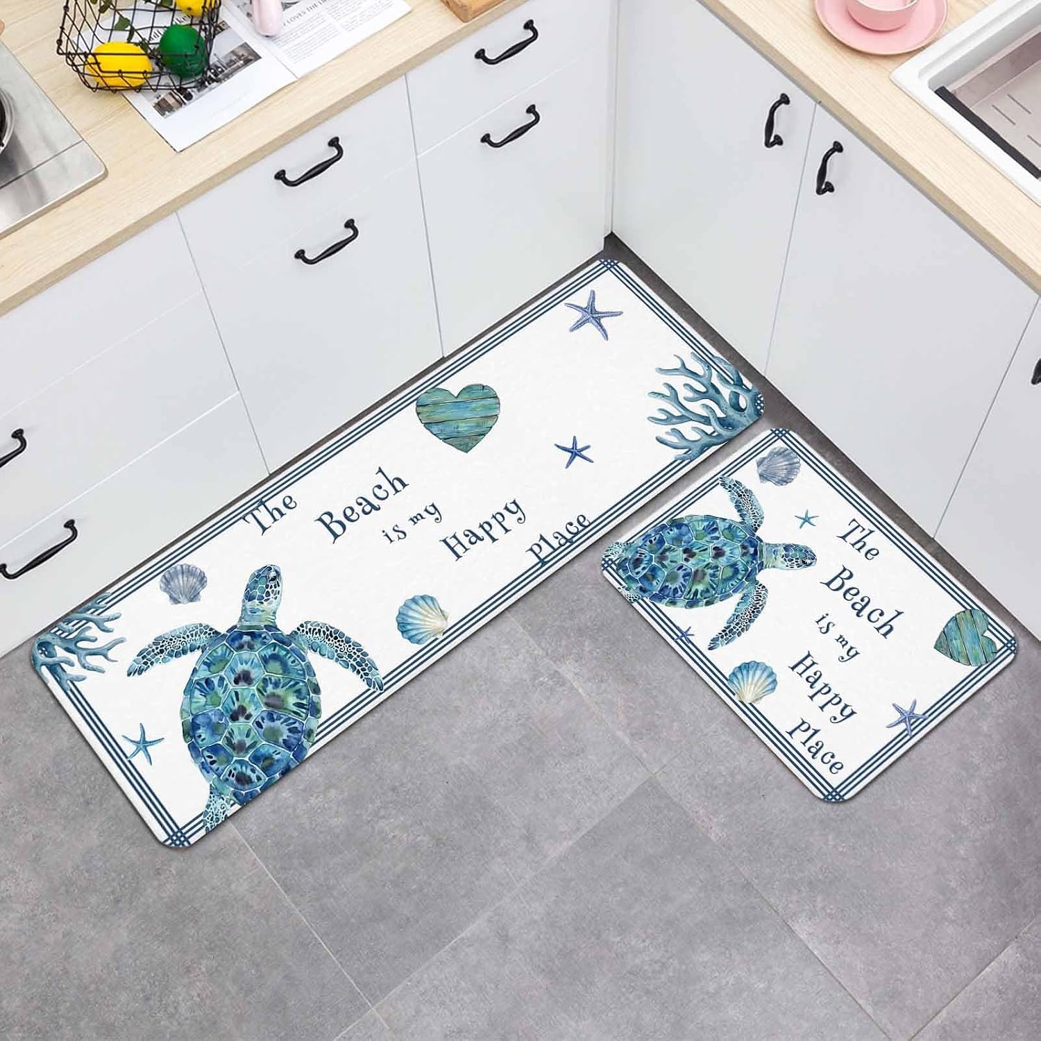 Prime Leader Blue Sea Turtle Kitchen Mat Set 2 Pieces Watercolor Beach Happy Place Seashell Starfish Non Slip Kitchen Rugs Washable Runner Rug Mats for Sink Laundry (19.7" x 31.5"+19.7" x 47.2")
