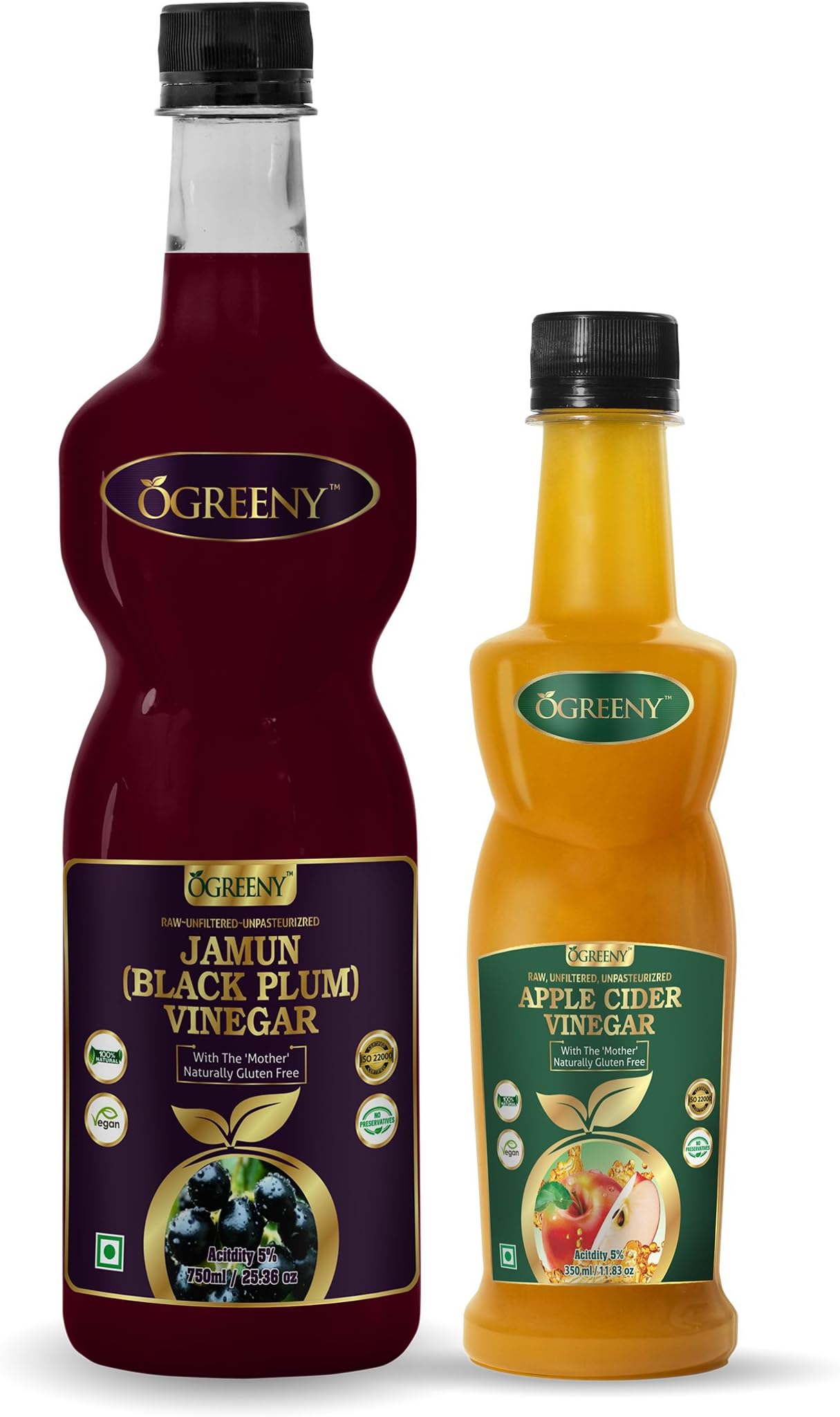 Ogreeny Jamun Vinegar 750 ml and Apple Cider Vinegar 350 ml with Mother Vinegar Raw Unfiltered (Made with Organic Juice)