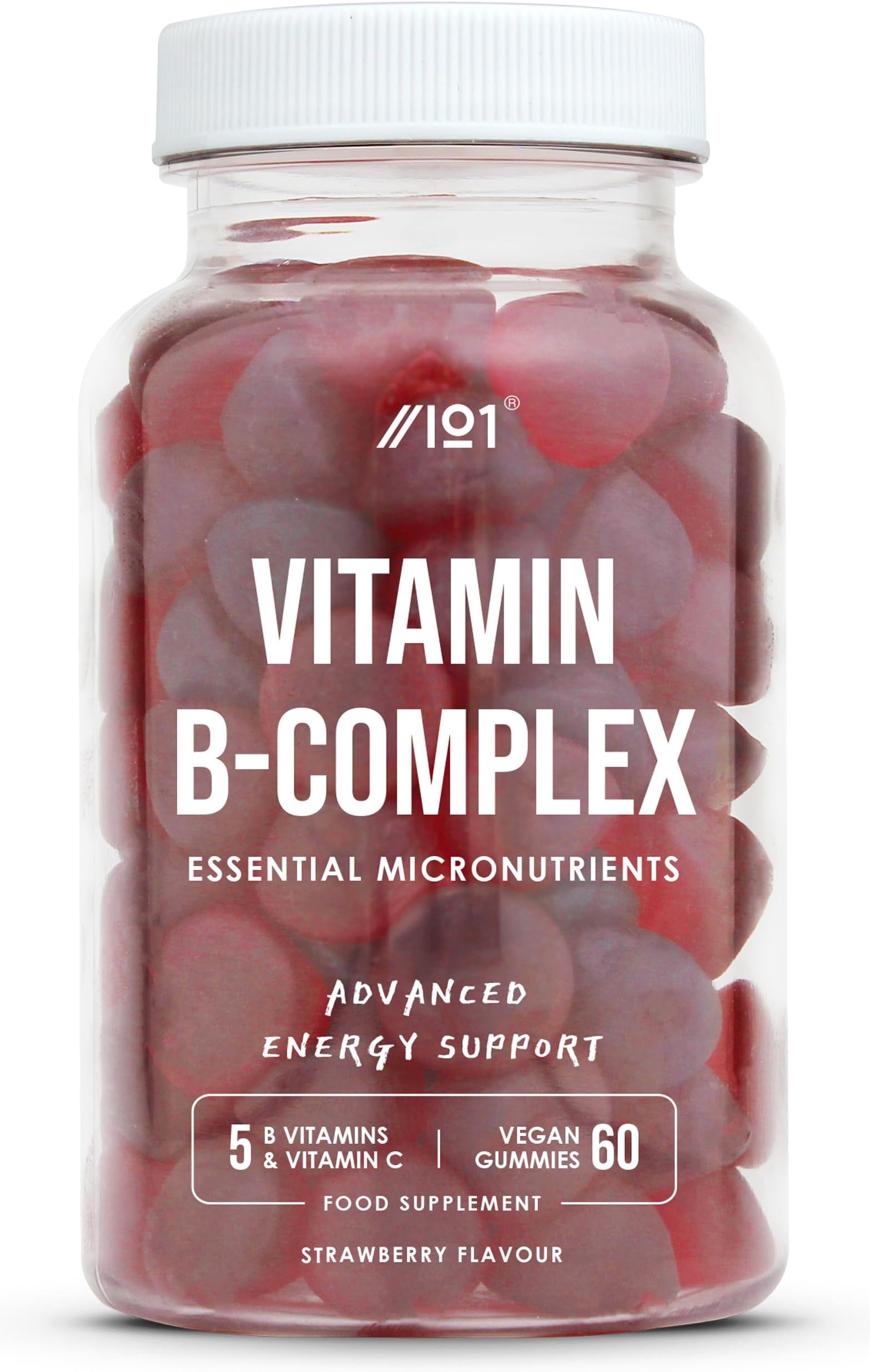 Vitamin B Complex Gummies - 5 Essential B Vitamins & Vitamin C - 60 Vegan Gummies - Strawberry Flavour - By Alpha01