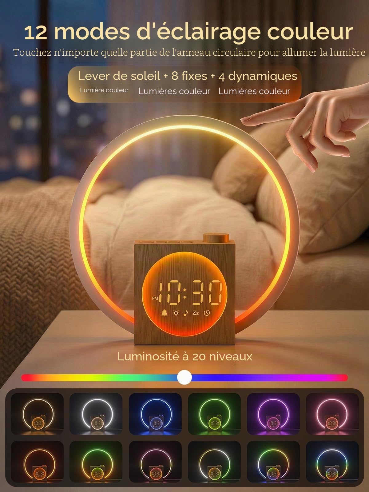 Reveil Simulateur d'aube, Veilleuse Tactile avec Charge USB, Déco | Éveil Lumière avec 12 Couleurs, 30 Sons Naturels, Affichage Variable, Veilleuse Enfant, Snooze, Sleep Timer, Idée Cadeau