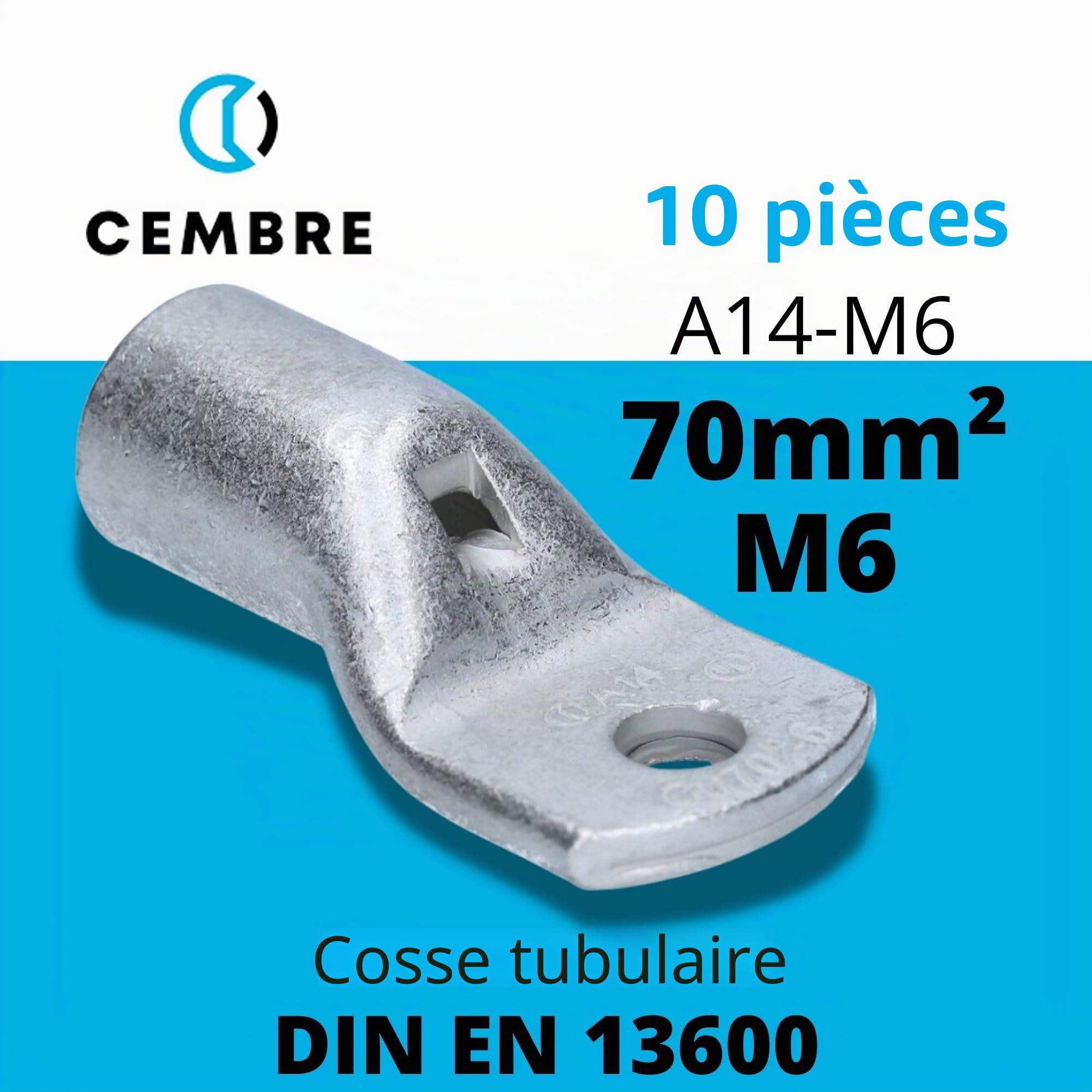 Cembre A14-M6 Lot de 10 Cosses Tubulaires 70 mm² M6 en Cuivre Étamé | Cosses à sertir non isolées pour câble de batterie, auto, bateau et industrie. Haute conductivité et protection