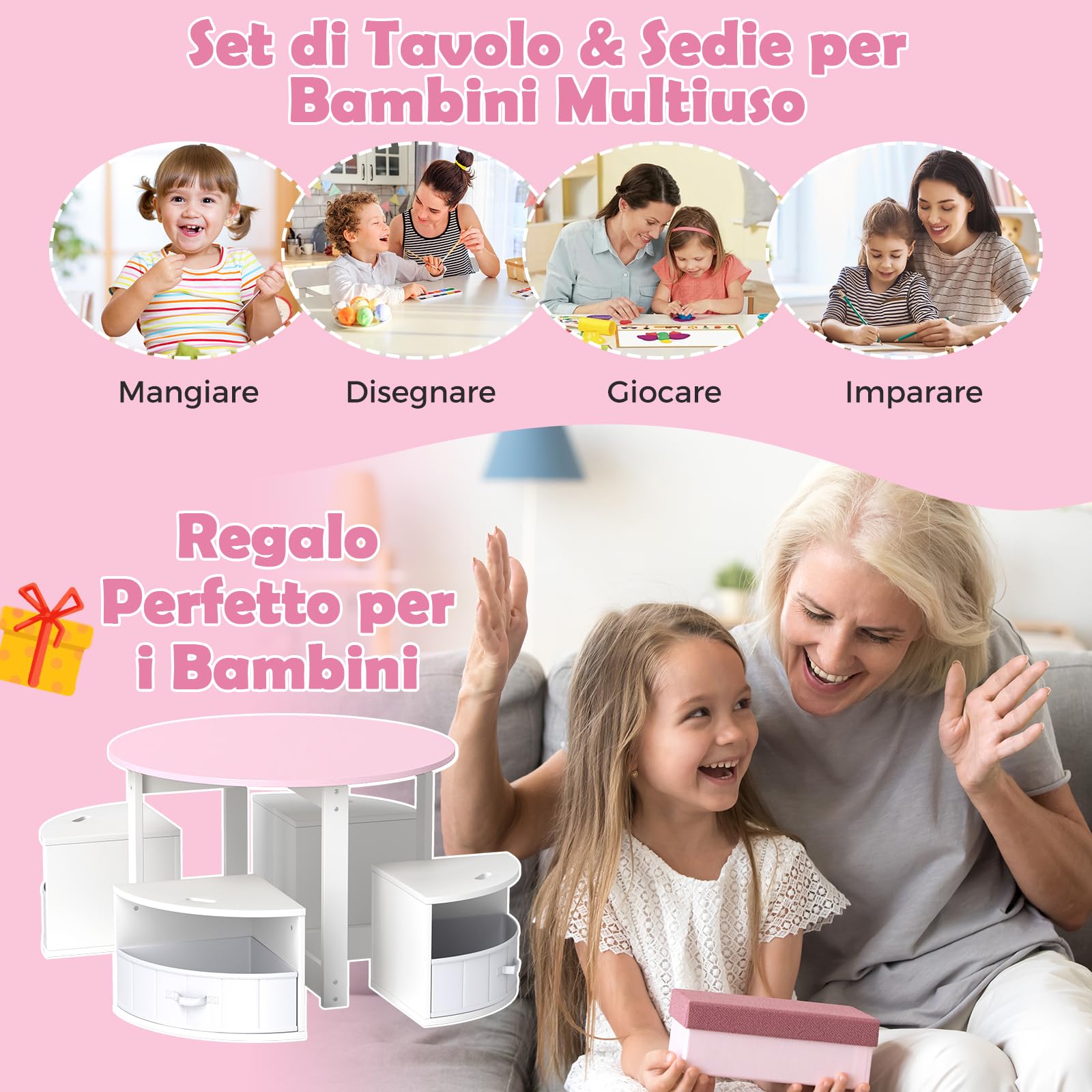 COSTWAY Set Tavolo e Sedie per Bambini a 5 Pezzi, Tavolino Rotondo Salvaspazio con 4 Sgabelli, Ripiano e 4 Cassetti in Tessuto, Set Mobili per Cameretta, Asilo e Disegnare (Rosa)