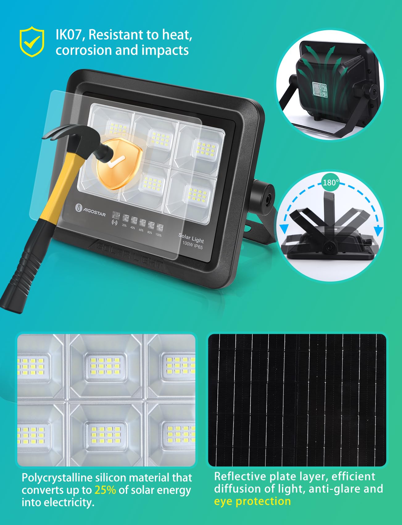 Aigostar Faretto LED Esterno con Pannello Solare 100W, Luce Bianca 6500k. Faretto con Pannello Solare con Telecomando. Grado di Protezione IP65, Faro LED Solare Regola la Luminosità è Funzione Timer