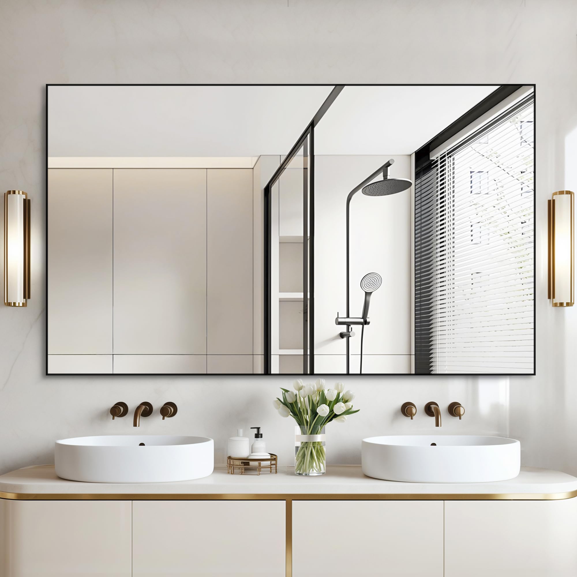 ANYHI Espejo de baño con marco de metal negro de 50 x 30 pulgadas para pared, espejo rectangular grande y moderno para baño, entrada, dormitorio, montado en la pared horizontal/verticalmente