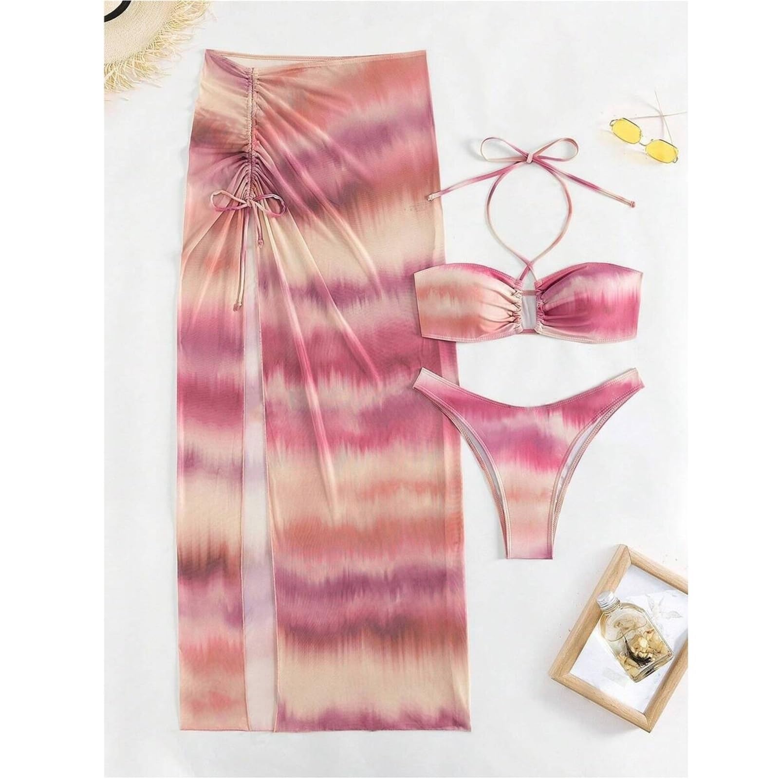 Letni, seksowny, bez rękawów, wiązany na szyi, trzyczęściowy strój kąpielowy bikini w stylu plażowym, miękki i wygodny