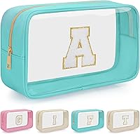 WELIDAY Personalized Initial Clear Makeup Bag with Glitter Chenille Patch - Preppy Travel Toiletry Pouch Zipper Cosmetic Bag for Teens & Women (Clear-Green, A)