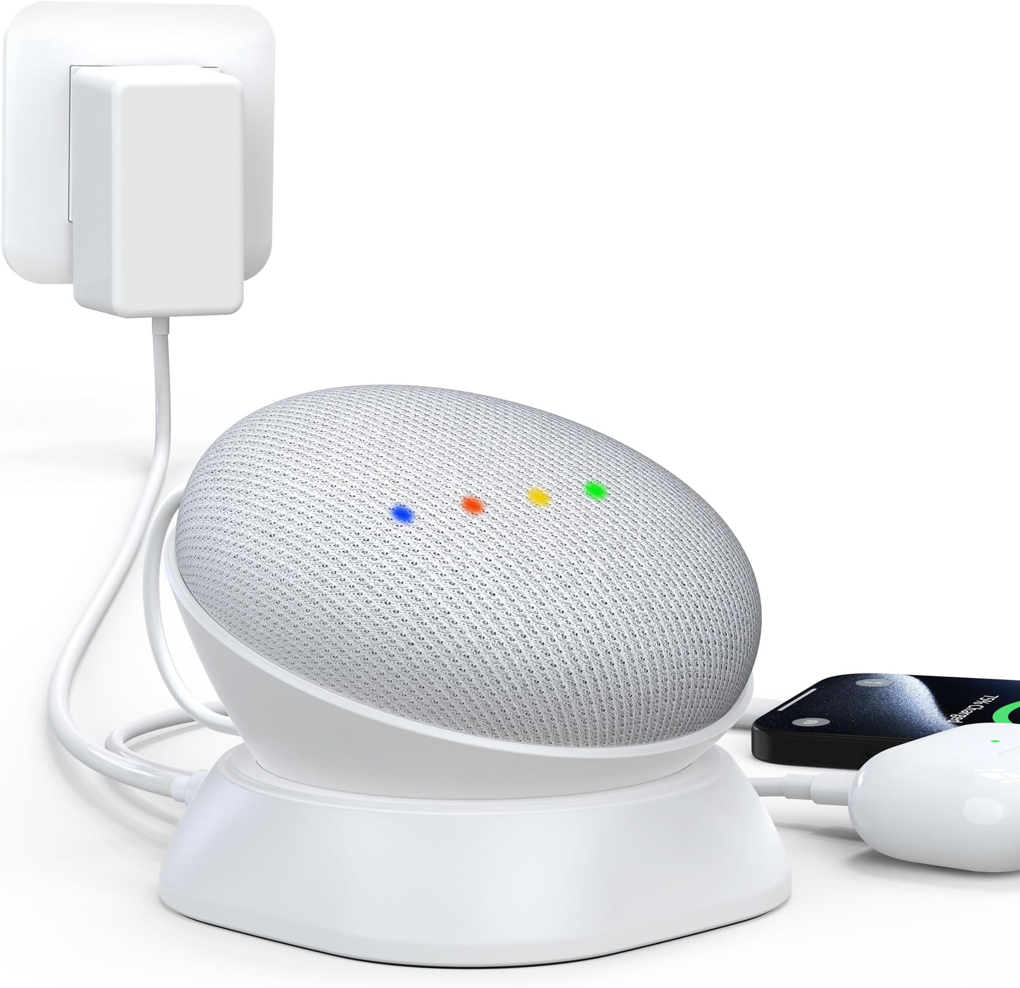 HomeMountGoogle Nest Mini Stand, Desktop Stand with Charging Ports for Nest Mini 2nd Gen, Charges Phones & Headphones, Anti-Slip, Portable Speaker Mount, Ensures Pristine Sound Quality (White)