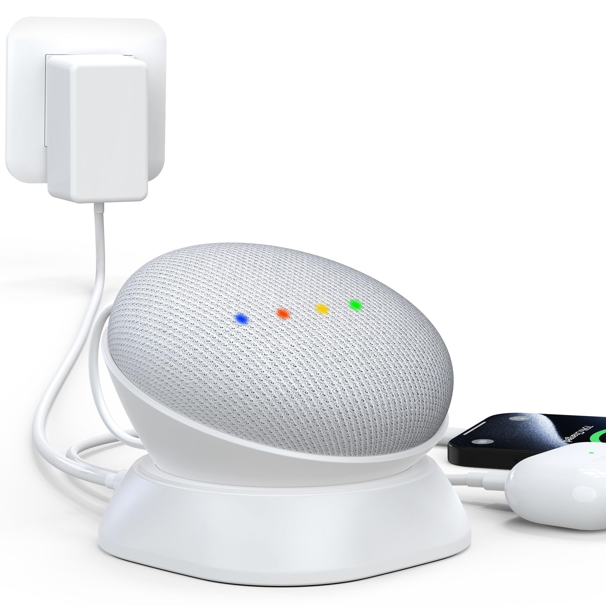 HomeMountGoogle Nest Mini Stand, Desktop Stand with Charging Ports for Nest Mini 2nd Gen, Charges Phones & Headphones, Anti-Slip, Portable Speaker Mount, Ensures Pristine Sound Quality (White)