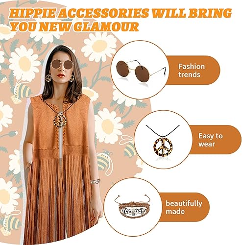 Miniatura 4 de Conjunto de ropa de disfraz hippie de los años 60 y 70 para mujer, accesorios hippie con signo de paz, aretes, diadema, chaleco con flecos para
