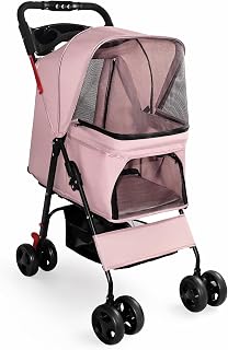 Montary Foldable Dog Cat Stroller, 28LBS Capacity, w/Leash & Basket, Pink | Multi-Functional Tray 2 Safety Leashes Storage Basket Breathable Mesh 4 Smooth Wheels Folds Compact