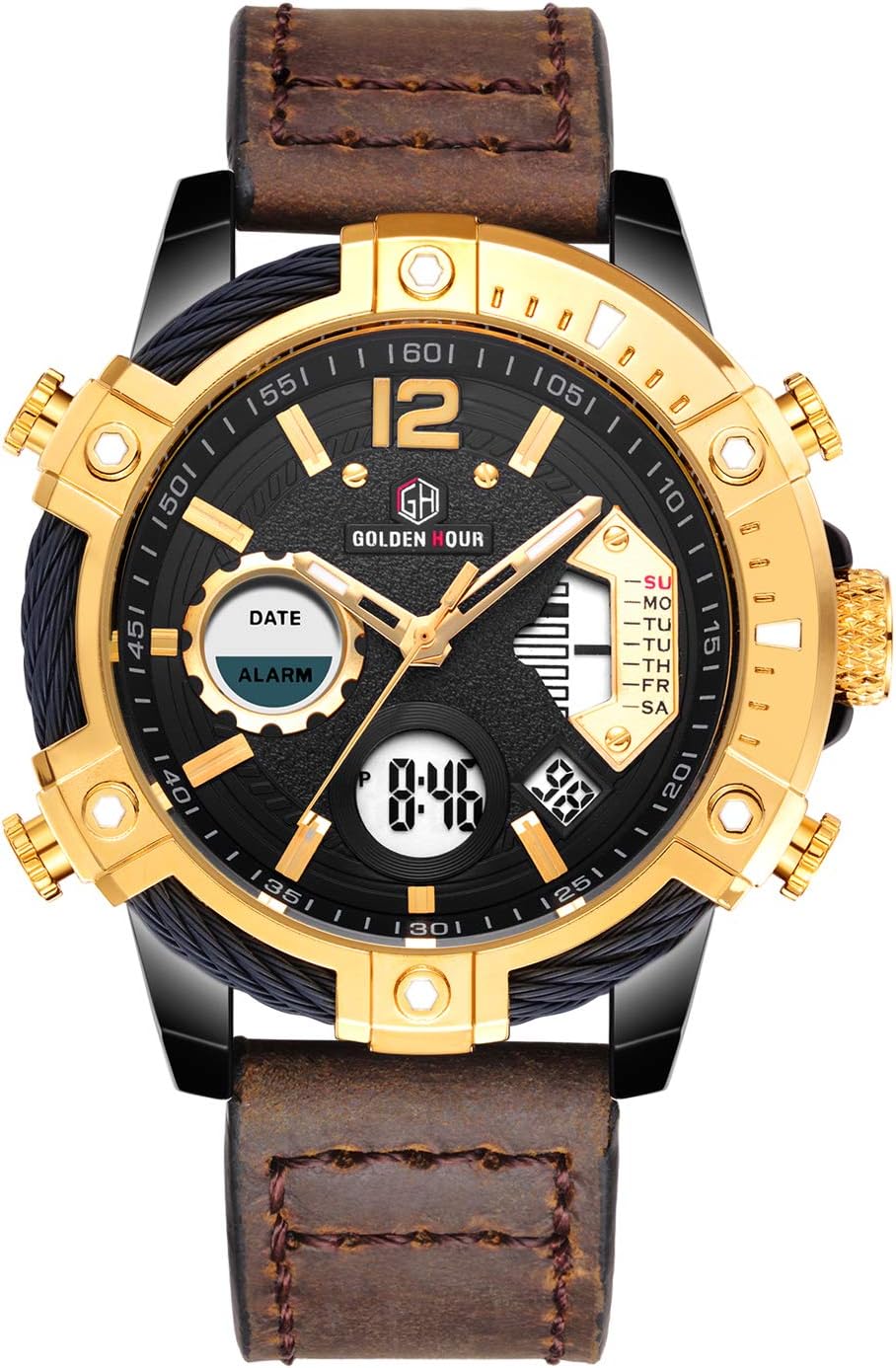 Mens Sport Watch Digital Analog Quartz Waterproof Multifunctional Military Leather Wrist Watches
