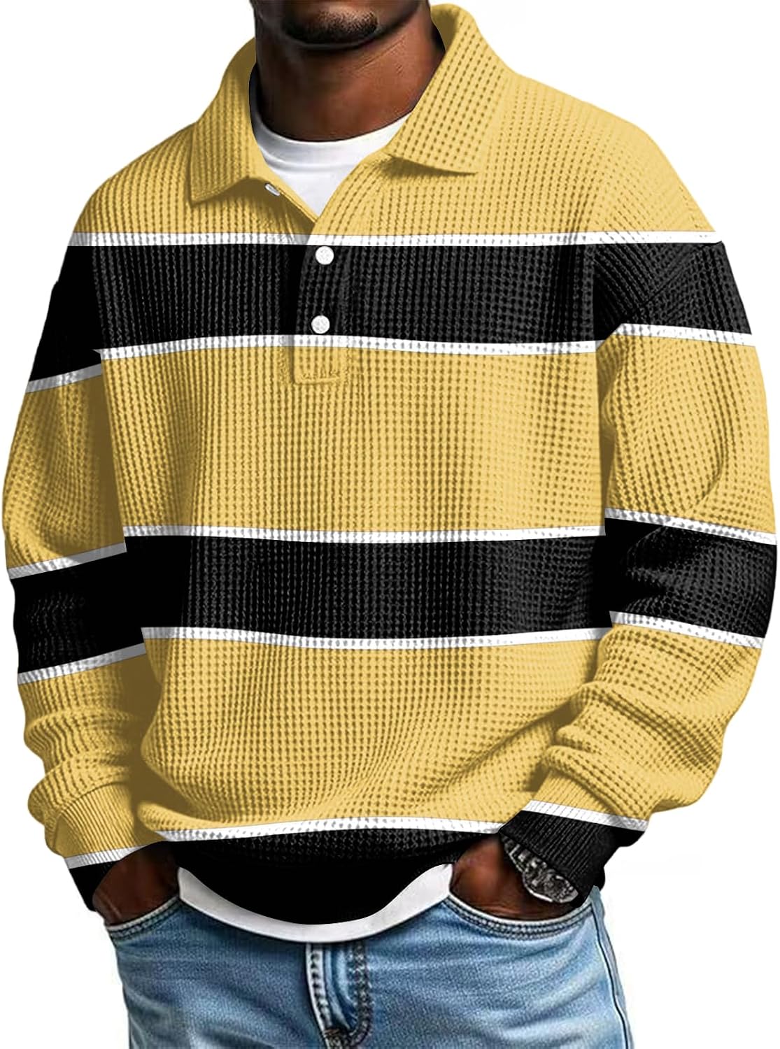 Men's T Shirts, Long Sleeve Waffle Knit Polo Shirts, Lightweight Casual Collared Shirts, S-5XL