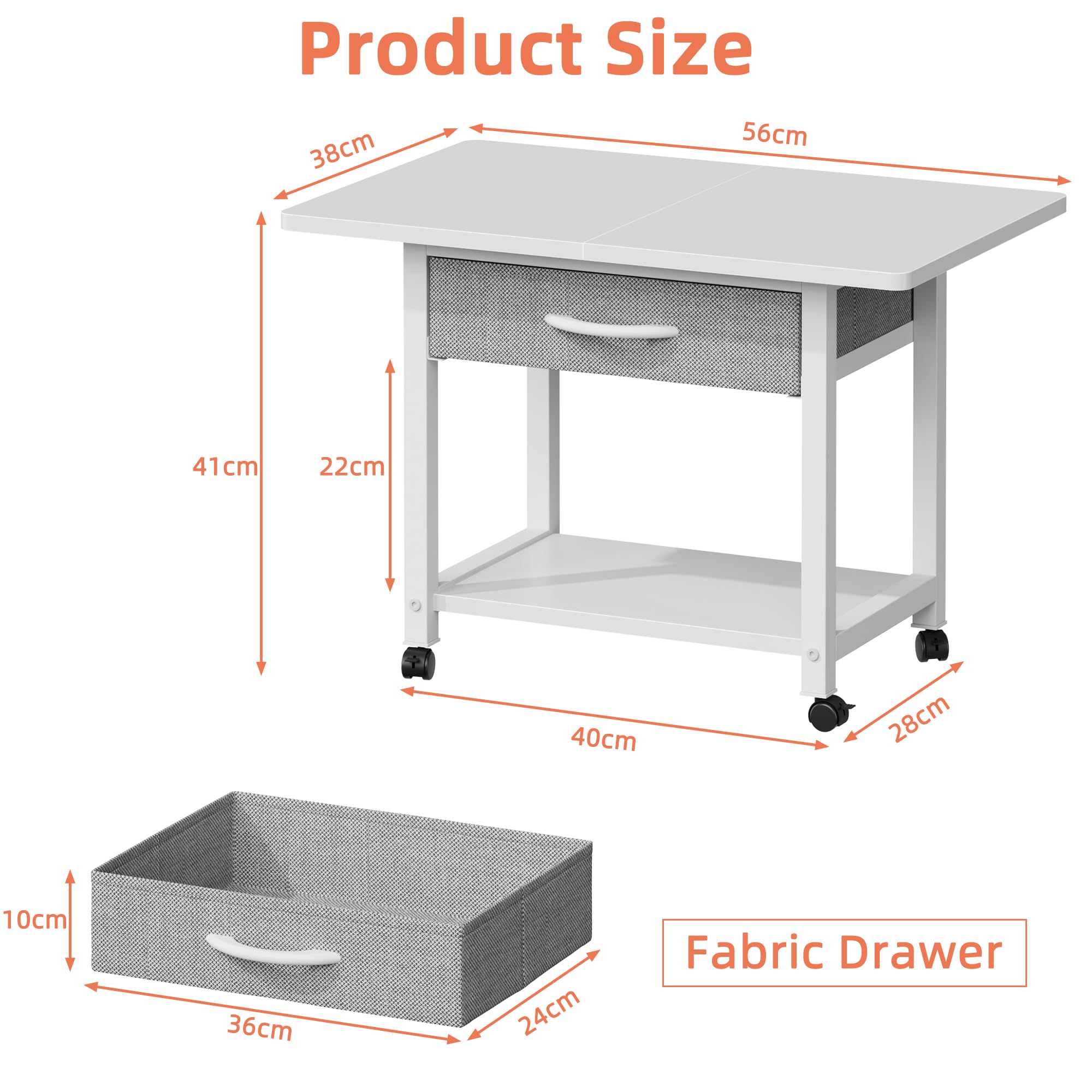 Mesa para Impresora con Ruedas - Mueble Soporte para Impresora 2 Niveles con Cajón, Estantería de Oficina para Fax/Scanner/3D, Blanco