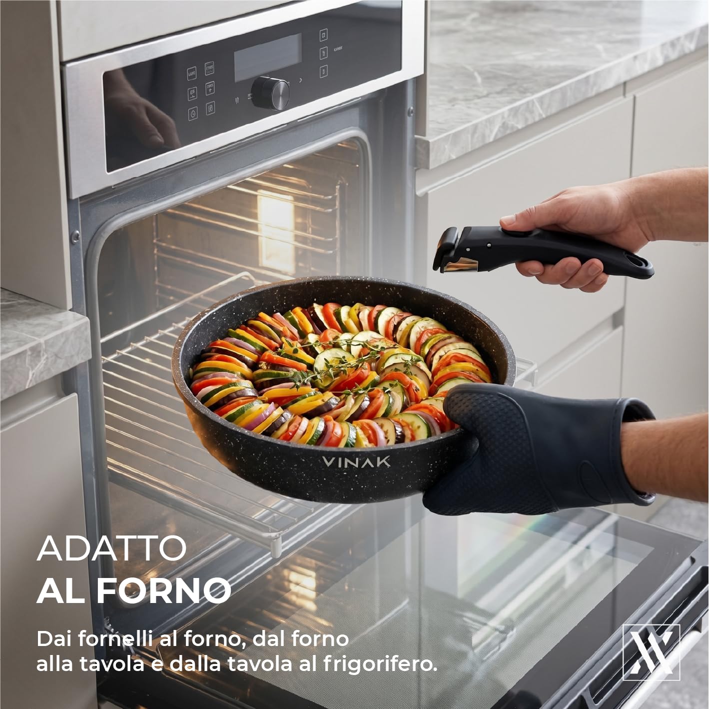 VINAK - Set Padelle 11 Pezzi Manico Rimovibile | Antiaderente Senza PFOA BPA | Induzione Forno | Salvaspazio Impilabile | Cucina Completa