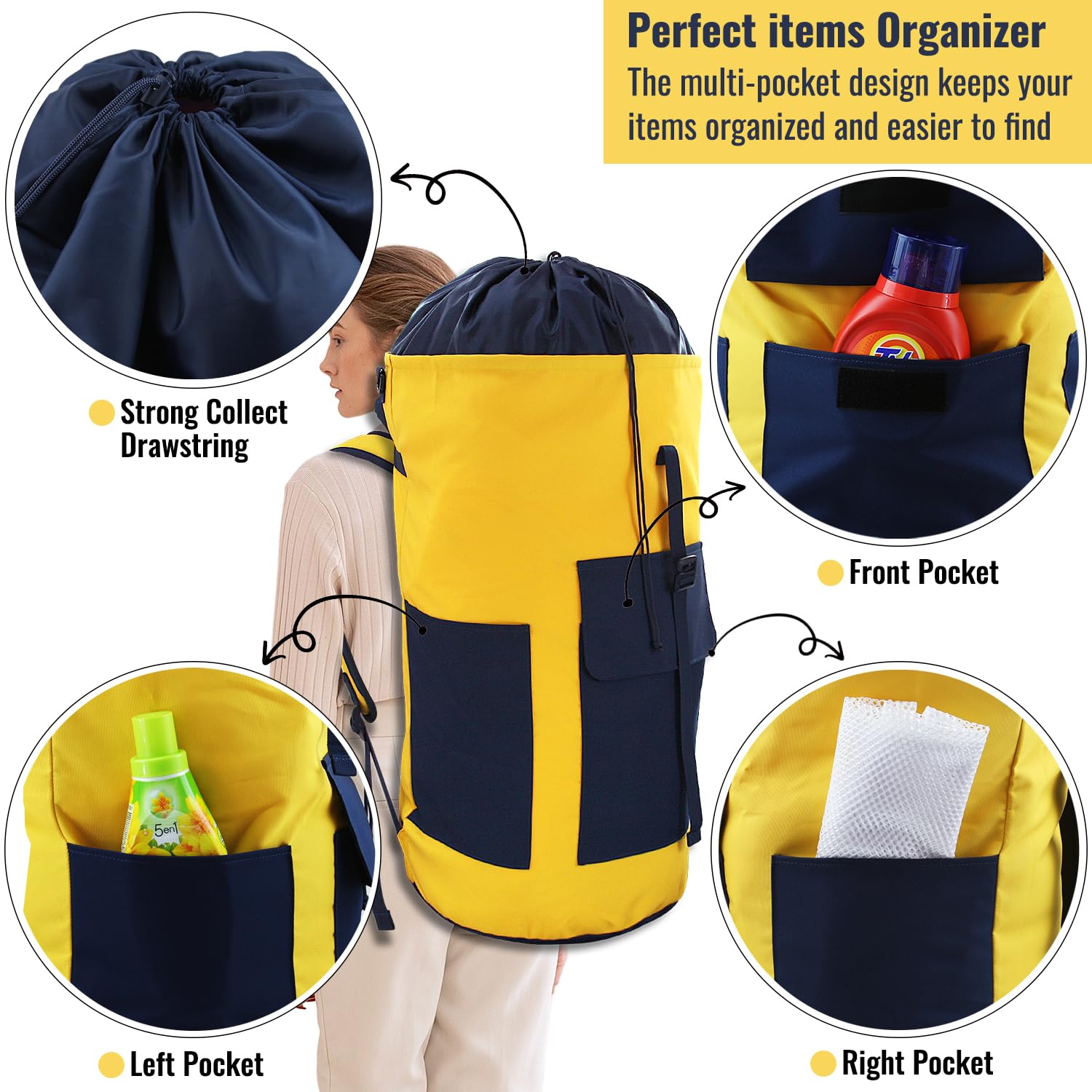 JOINPRO 125L Laundry Bag Backpack - Extra Large, Extendable, With 3 Pockets, For Laundromat, College, Travel