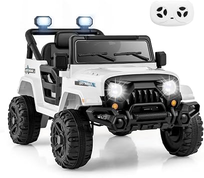 GLACER Electric Ride on Truck Car, 12v Battery Powered Electric Car for Kids, Ride on Jeeps Car with Parental Remote Control, Double Doors, LED Lights, Music, MP3 Player, Safety Belt White