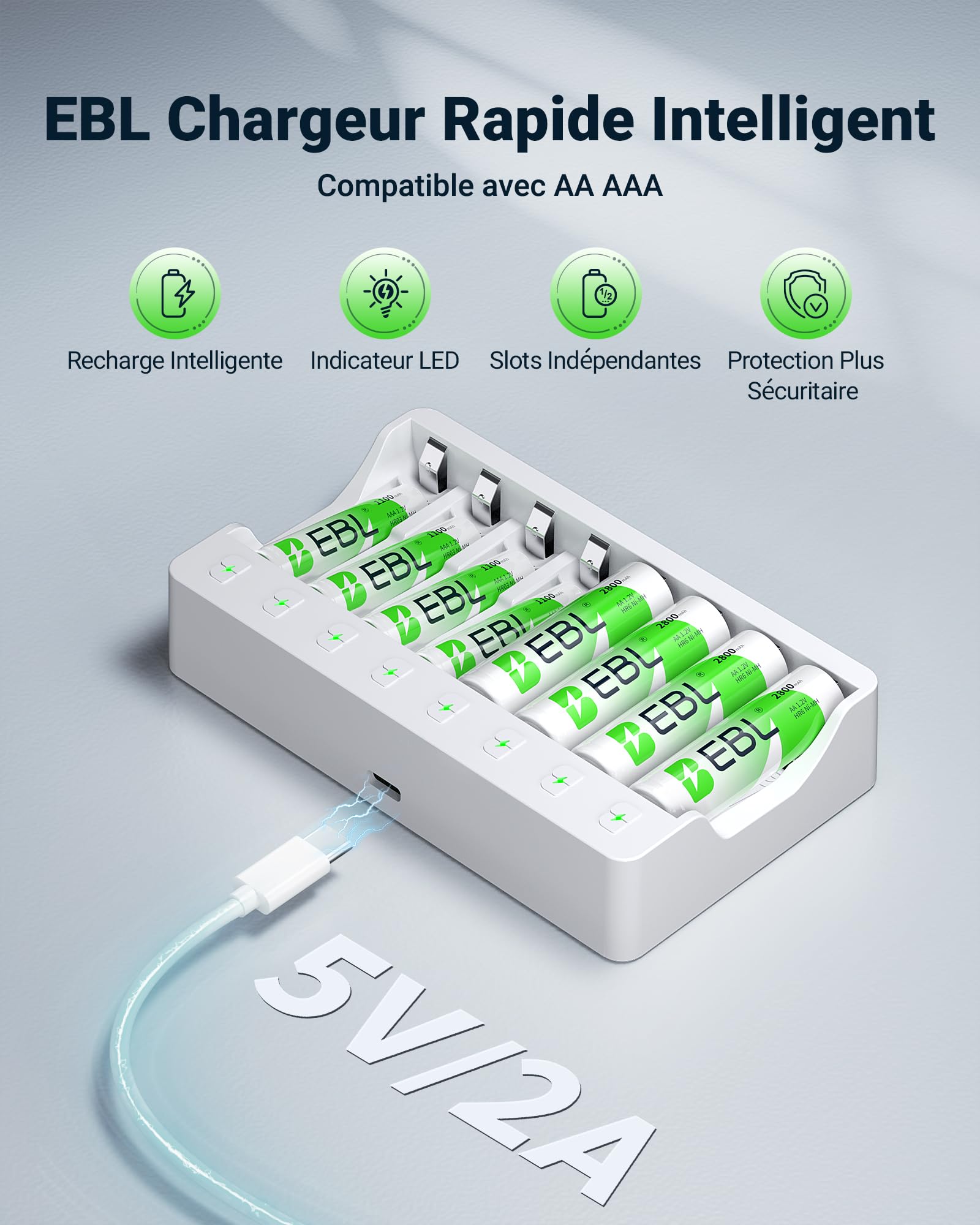 EBL Chargeur de Piles Rechargeables - Chargeur de Piles 9010 avec 4PCS AA Piles Rechargeables 2800mAh et 4PCS AAA 1100mAh NI-MH, 8 Slots Rapide avec Indicateur Intelligent