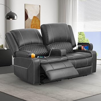 Recliner Chair 2 Seater Sofa Set with Reclining Mechanism, Console Buit-in Cup Holders, USB Ports, Side Storage Pockets Leather Reclining Sofa