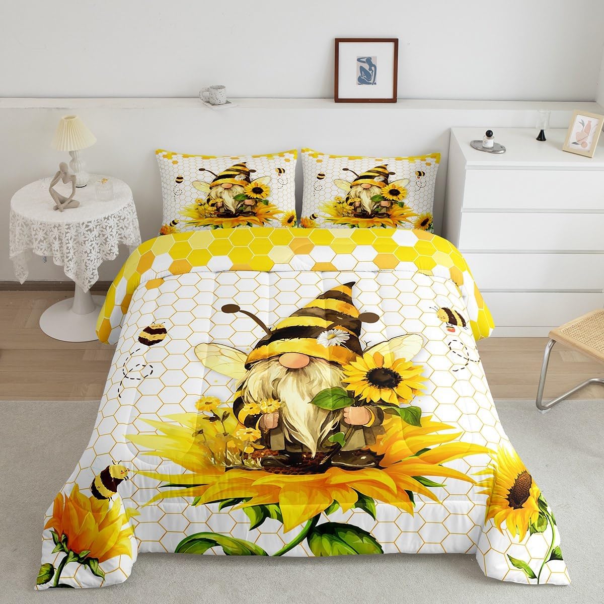 Feelyou Boys Girls Honey Bee Duvet Insert Toddler Size, Honeycomb Comforter Set Sunflower Bedding Set Kids Teens Bedroom Decor 2Pcs
