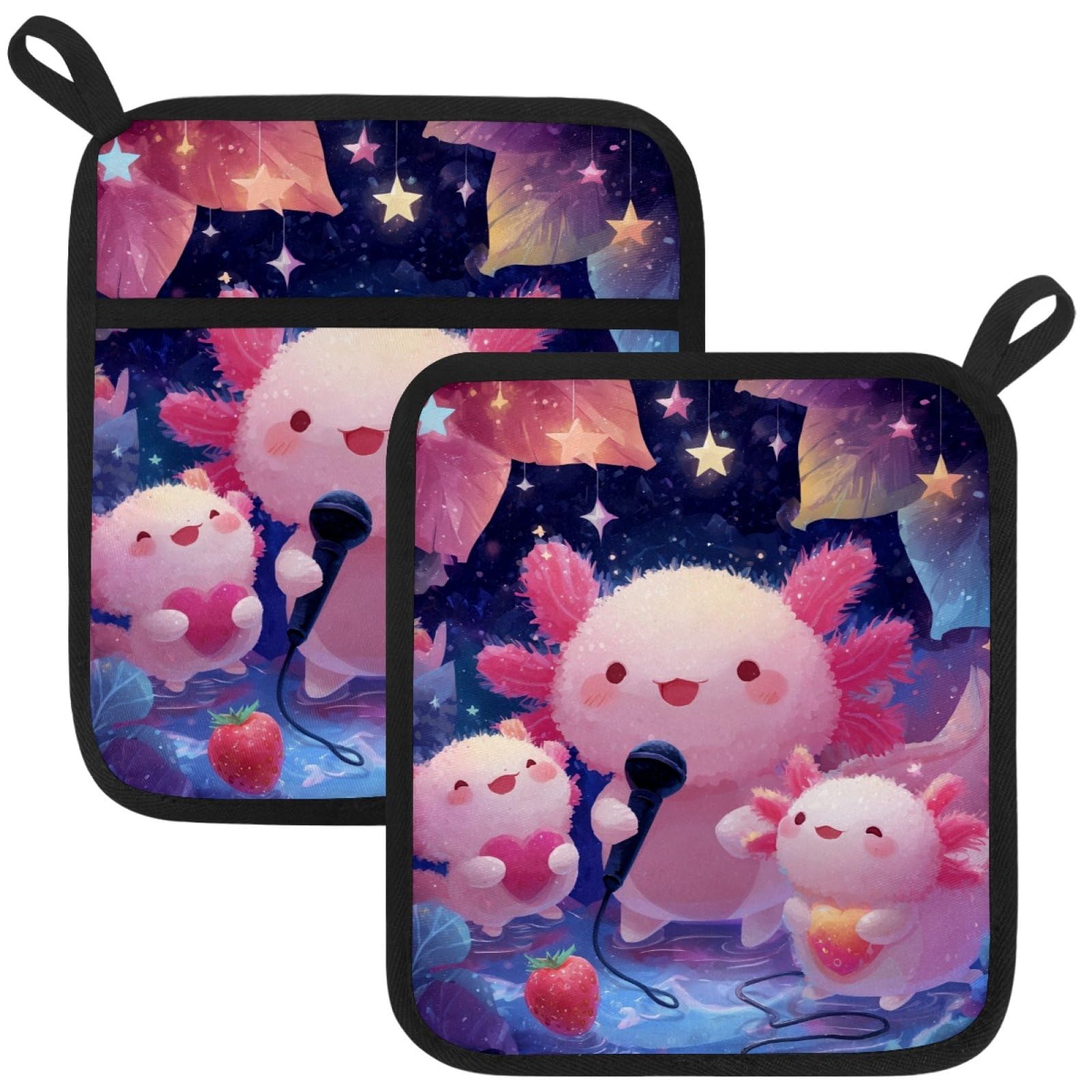 VAPOKF Sing Axolotl Pot Holders with Pocket for Kitchen Heat Resistant Potholders Large Polyester-Cotton Square Oven Mitts Set