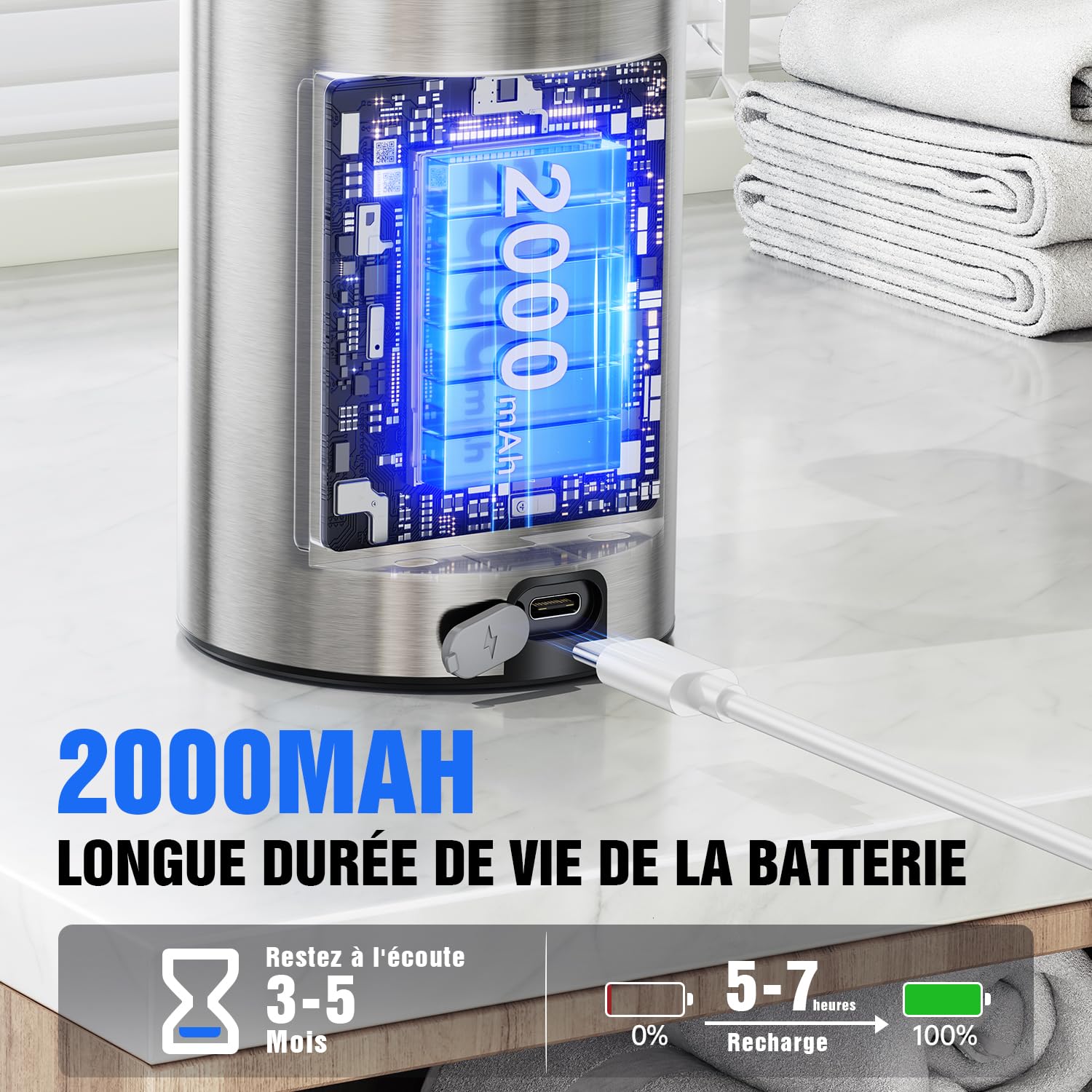 Fantictas Distributeur de savon automatique sans contact, en acier inoxydable, 3 niveaux, réglable à 3 niveaux, avec pompe à capteur rechargeable, pour savon liquide de cuisine et de salle de bain