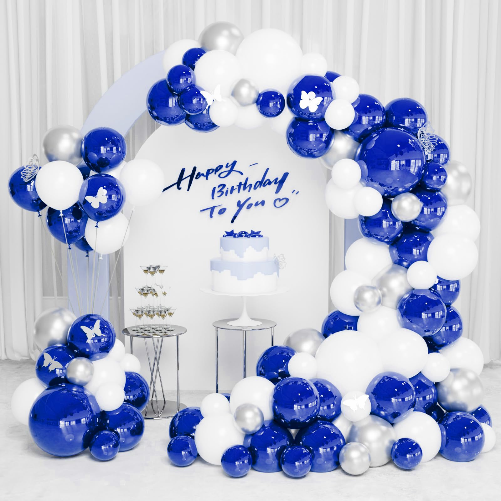INFLORAL Birthday Party Royal Blue Silver and White Balloon Arch Kit Latex Balloon Garland Kit for Baby Shower Father's Day Graduation Party and Theme Party