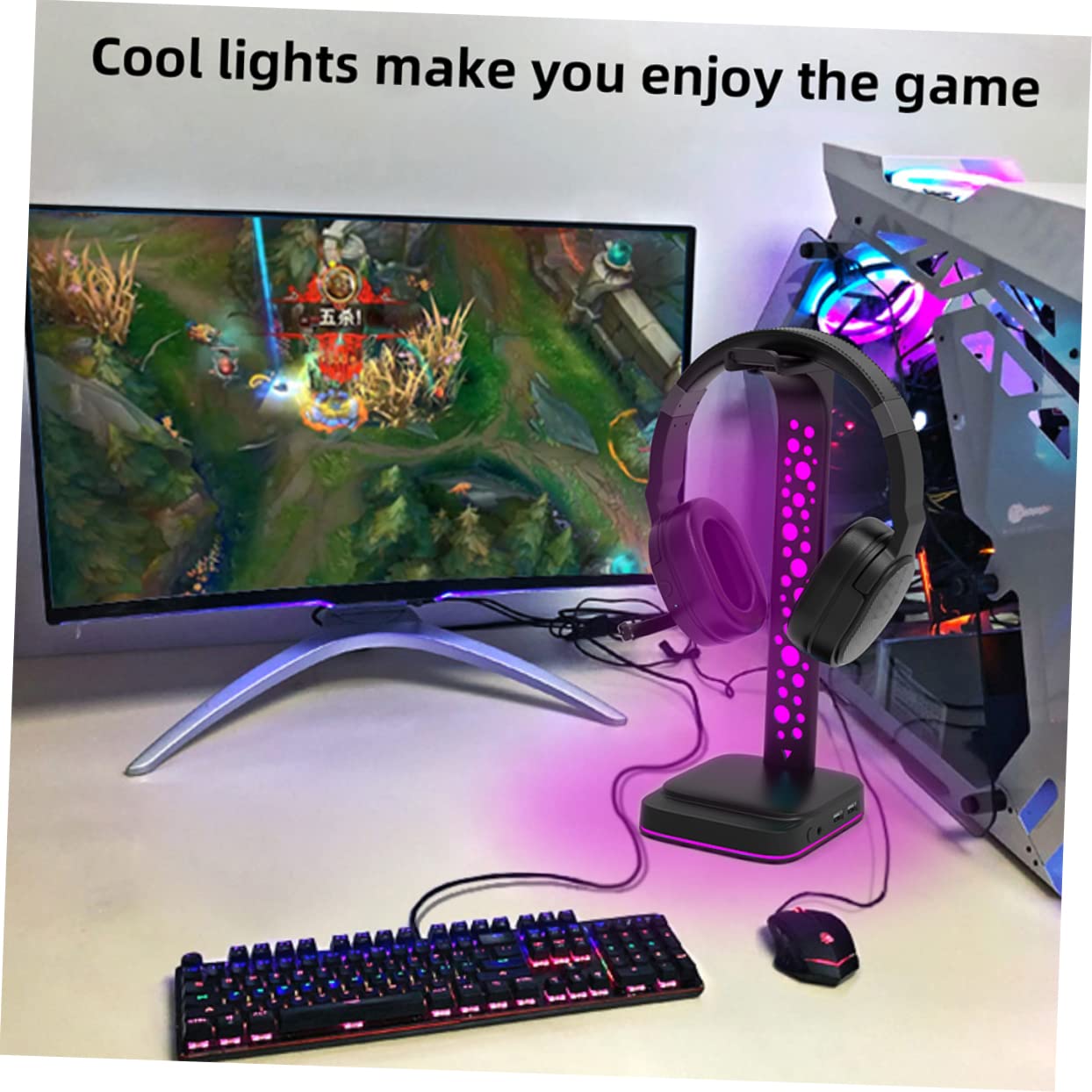 Supporto per Cuffie da Tavolo LED Regolabile e Hub USB Multiuso per Scrivania Supporto per Auricolari e Trasmissione Dati