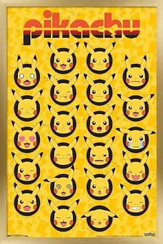 Trends International Pokemon - Pikachu Faces Wall Poster, 14.725" x 22.375", Gold Framed Version