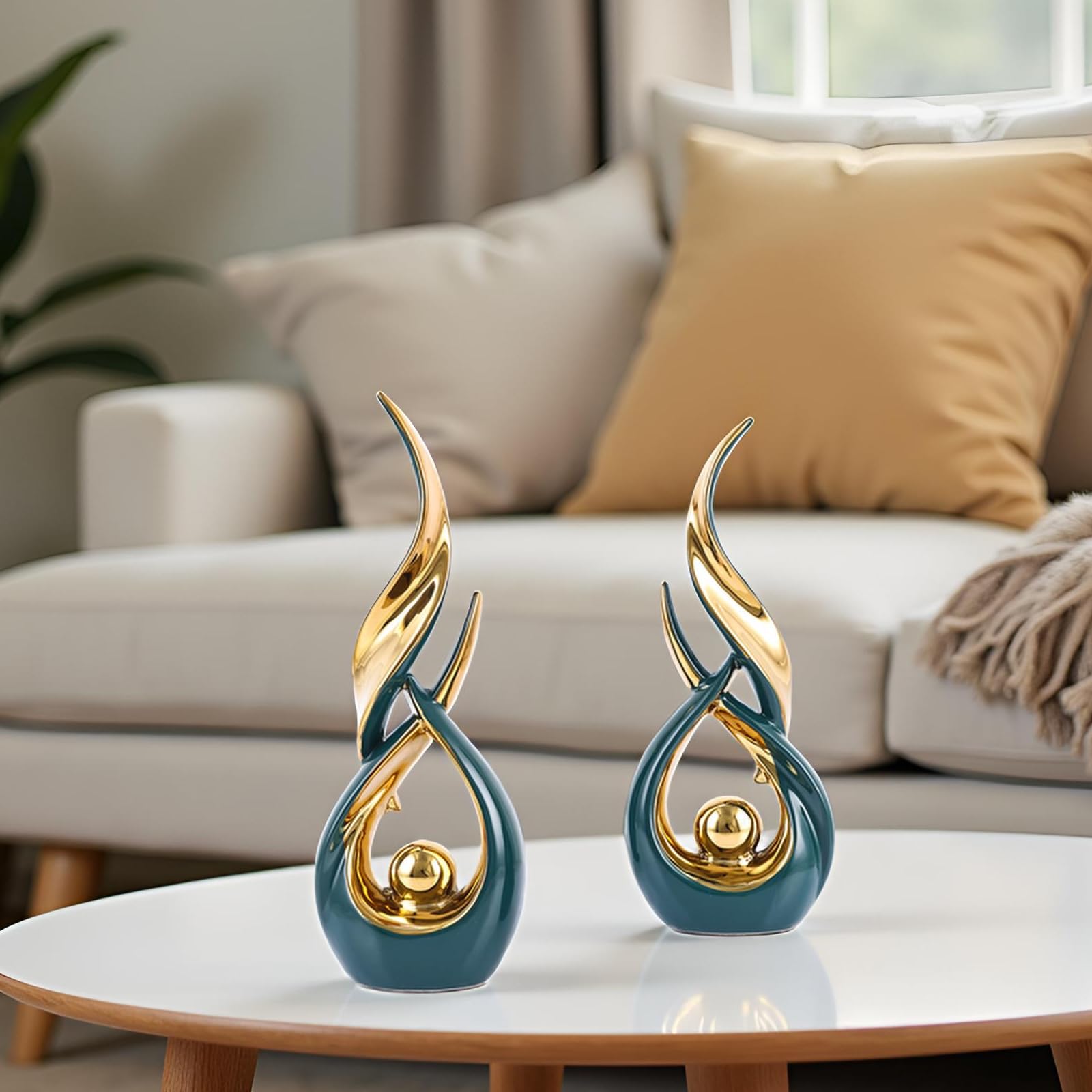 XMGZQ Juego de 2 estatuas abstractas de cerámica Dorada, Arte Abstracto Moderno de Mediados de Siglo, decoración del hogar, repisa de Chimenea en un Estante único, Divisor de Mueble de TV (Verde)