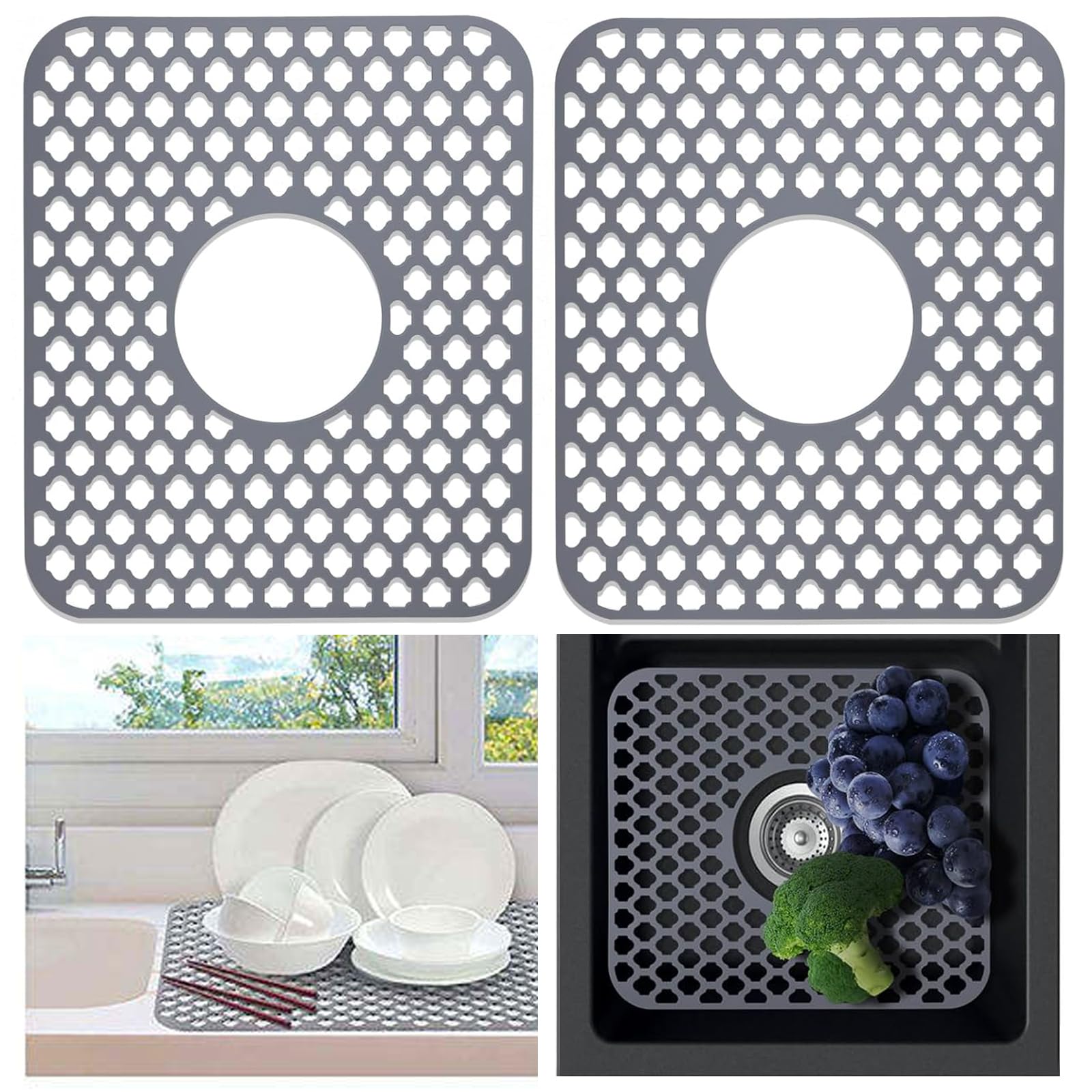 Sink Protectors for Kitchen Sink, 2PCS Silicone Grid Kitchen Sink Mat with Center Drain, Farmhouse Sink Protector Mats for Bottom of Stainless Steel